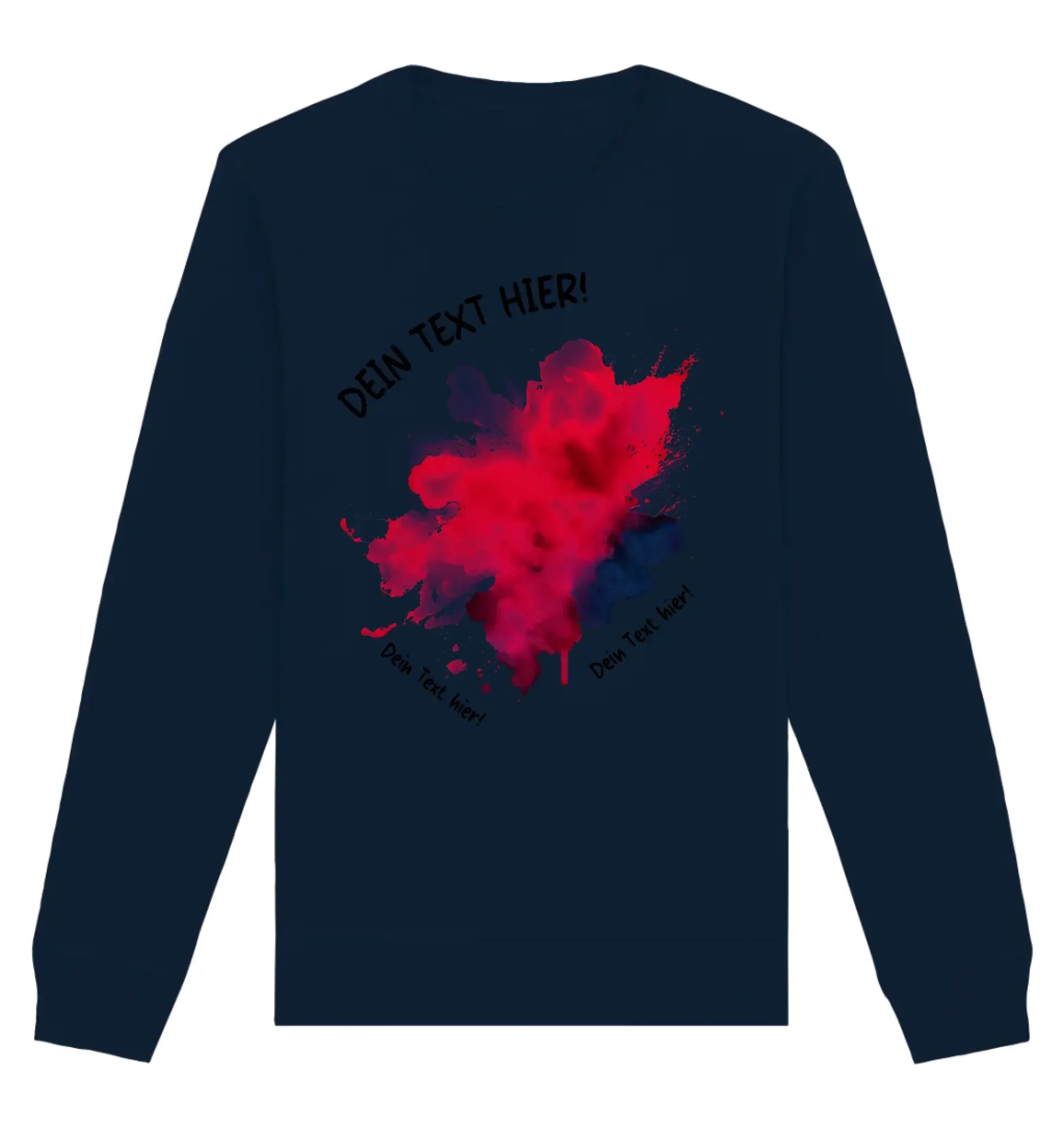 Navyblaues langarm sweatshirt mit rotem und blauem paint splatter motiv auf der rückseite aus der statement collection