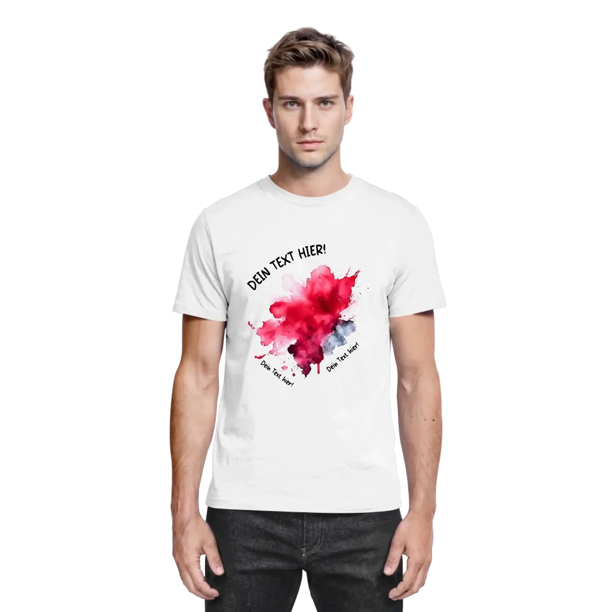 Weißes baumwollshirt mit rotem und grauem aquarell-fleckenmotiv und individuellem wunschtext