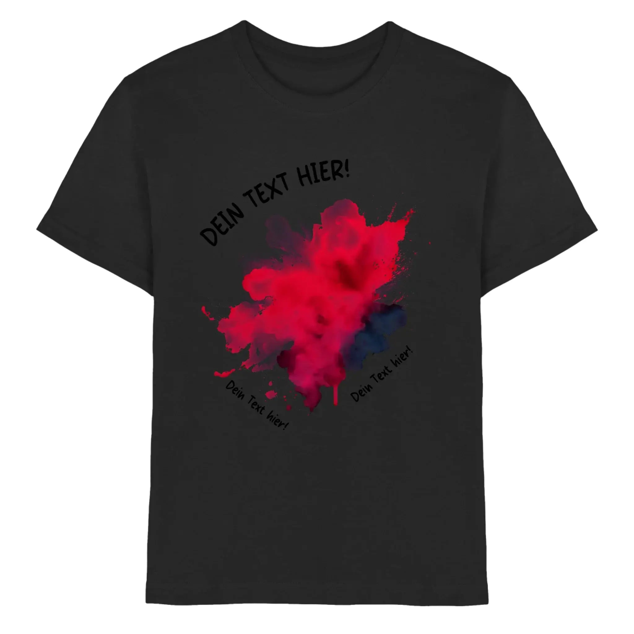 Schwarzes baumwollshirt mit rotem und blauem tintenfleck design aus der statement collection mit wunschtext