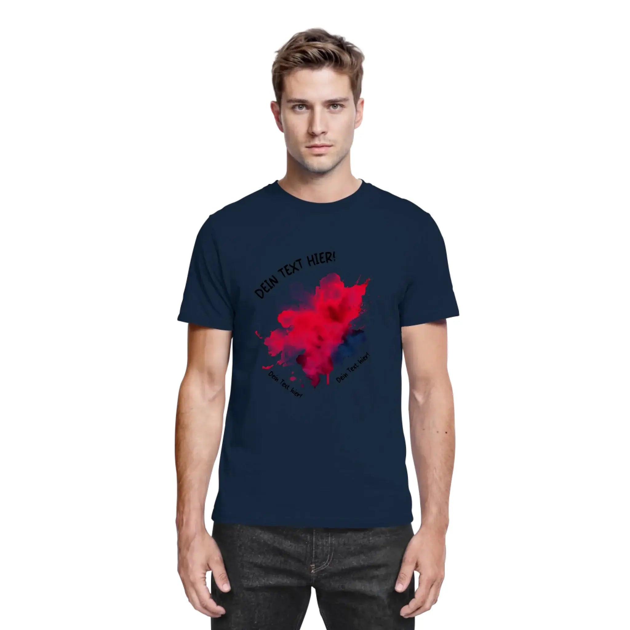 Marine blaue baumwoll tshirt mit leuchtendem roten abstraktem farbspritzer und schwarzem platzhaltertext aus statement collection