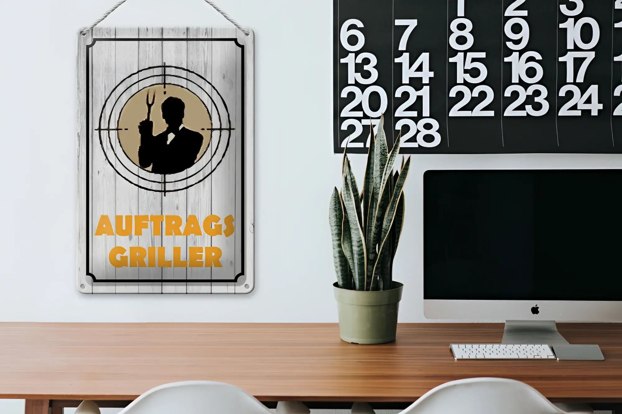 Holzrahmen blechschild 20x30cm mit ziel design mann silhouette und auftrags griller text in gelb