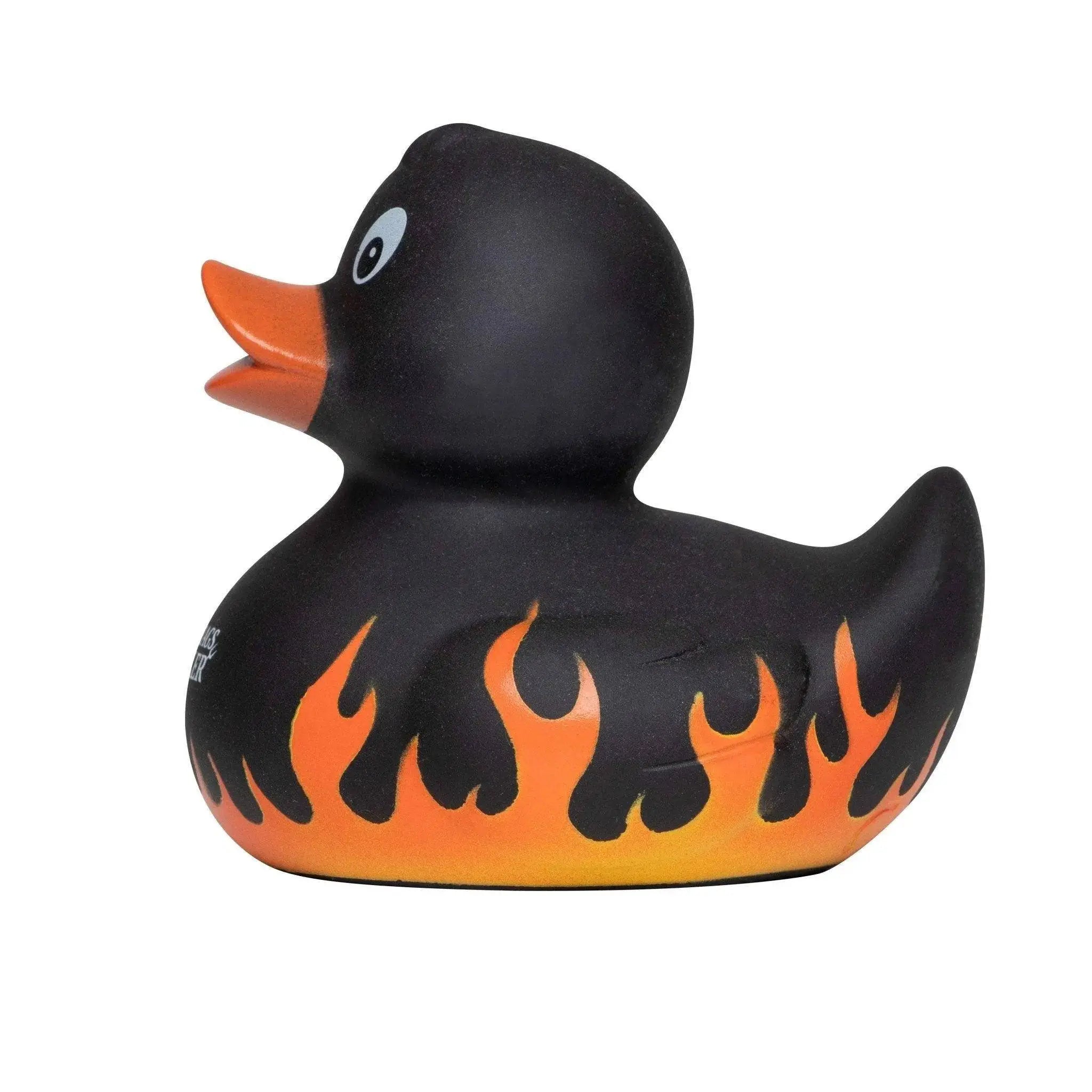 Auftragsgriller grillmeister quietsche-ente schwarze gummiente mit orangeflammen und orangem schnabel