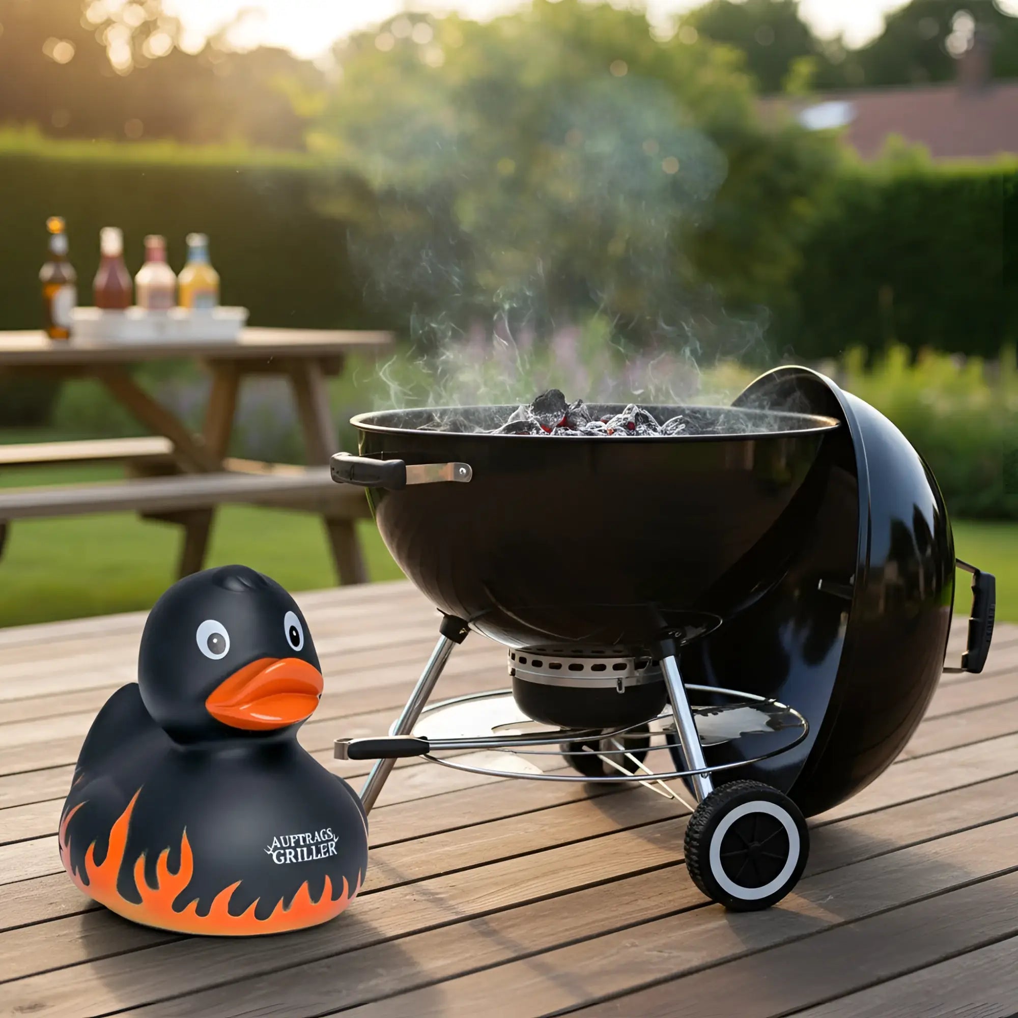 Schwarze gummiente mit orangenem schnabel und flammendesign auftrags griller grillmeister quietsche ente badeente