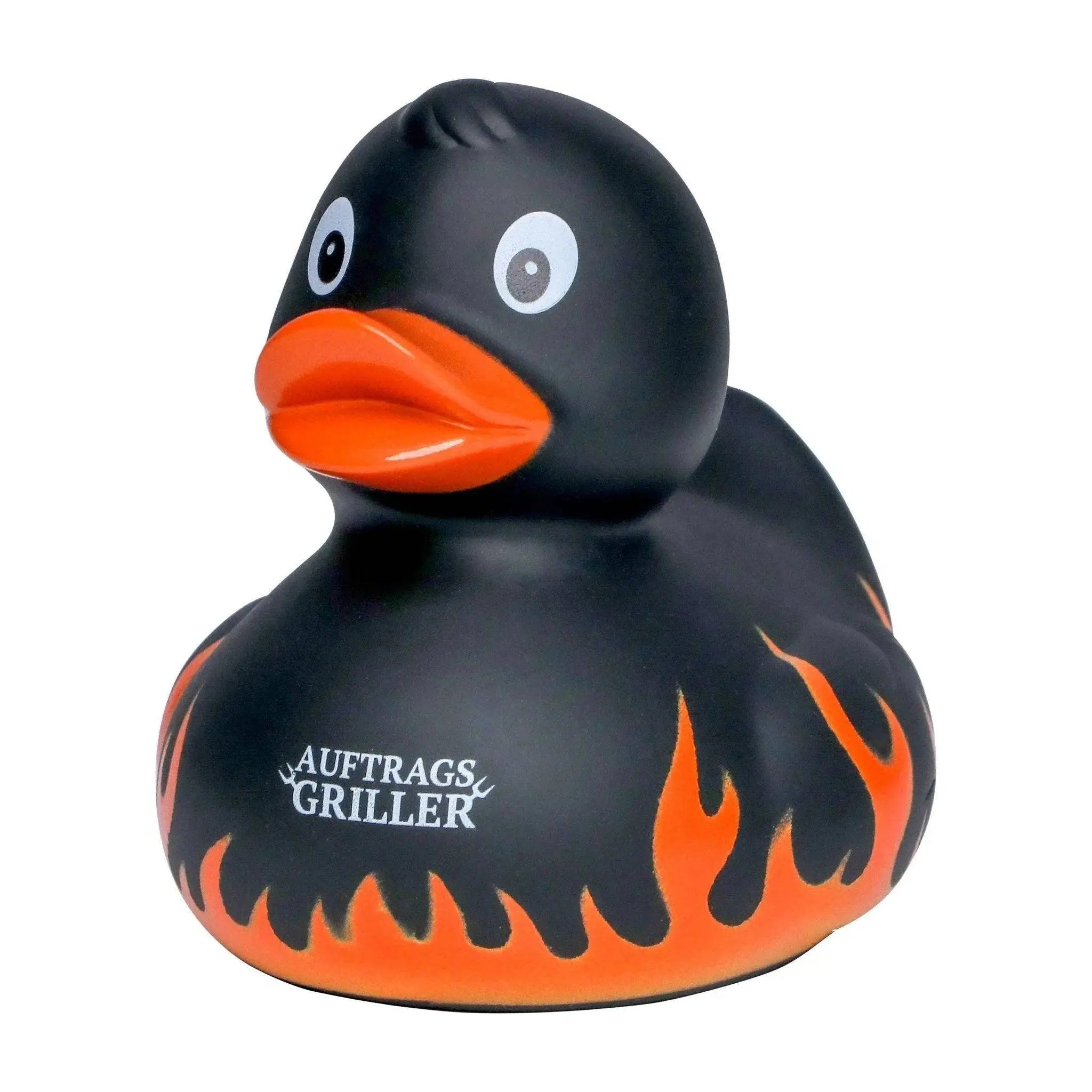Schwarze auftragsgriller gummiente mit orangen flammendekor und orangem schnabel fĂŒrs baden und grillen