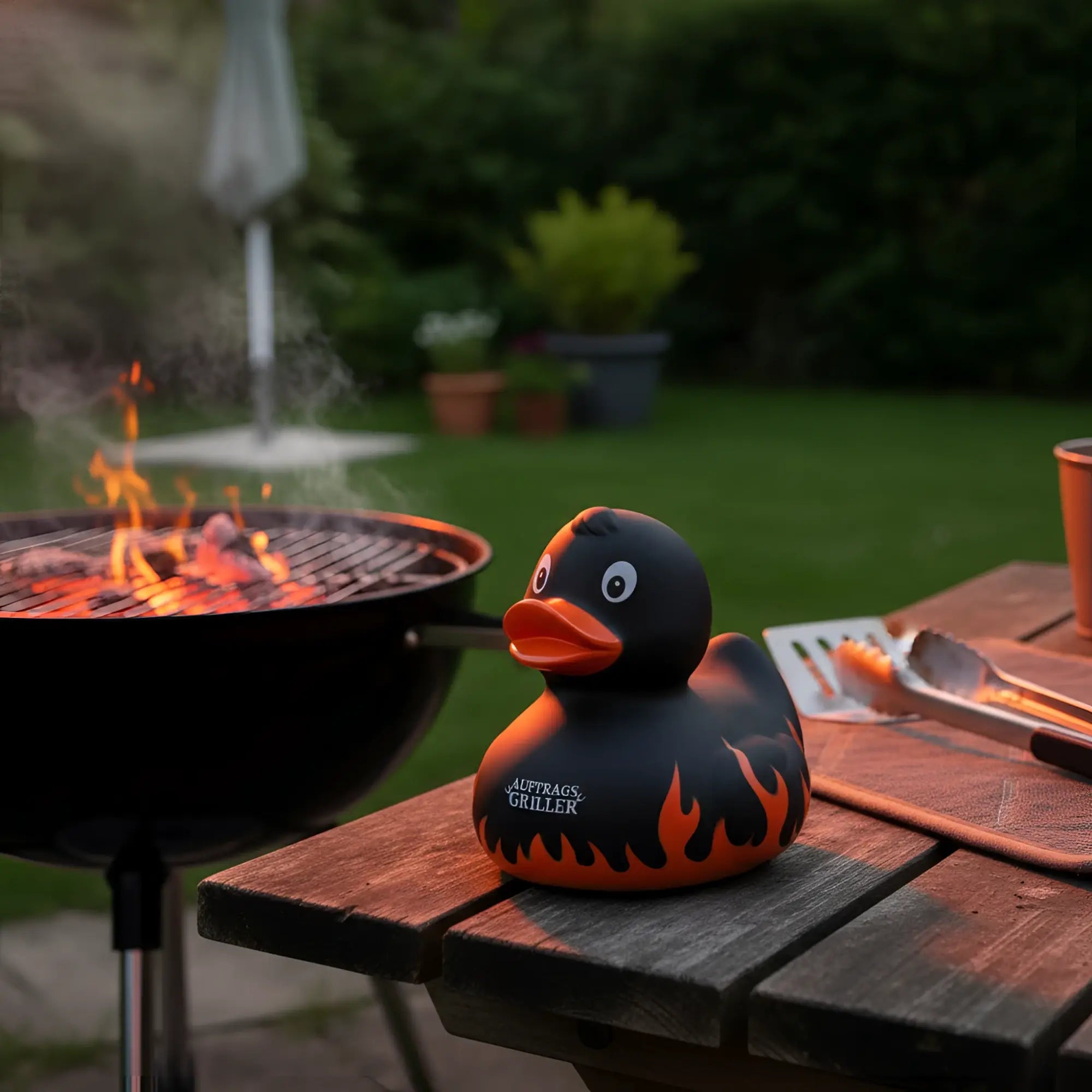 Black rubber duck mit orangeflamme und auftragsgriller branding auf holztisch neben grill im auftragsgriller grillmeister quietsche-ente produkt