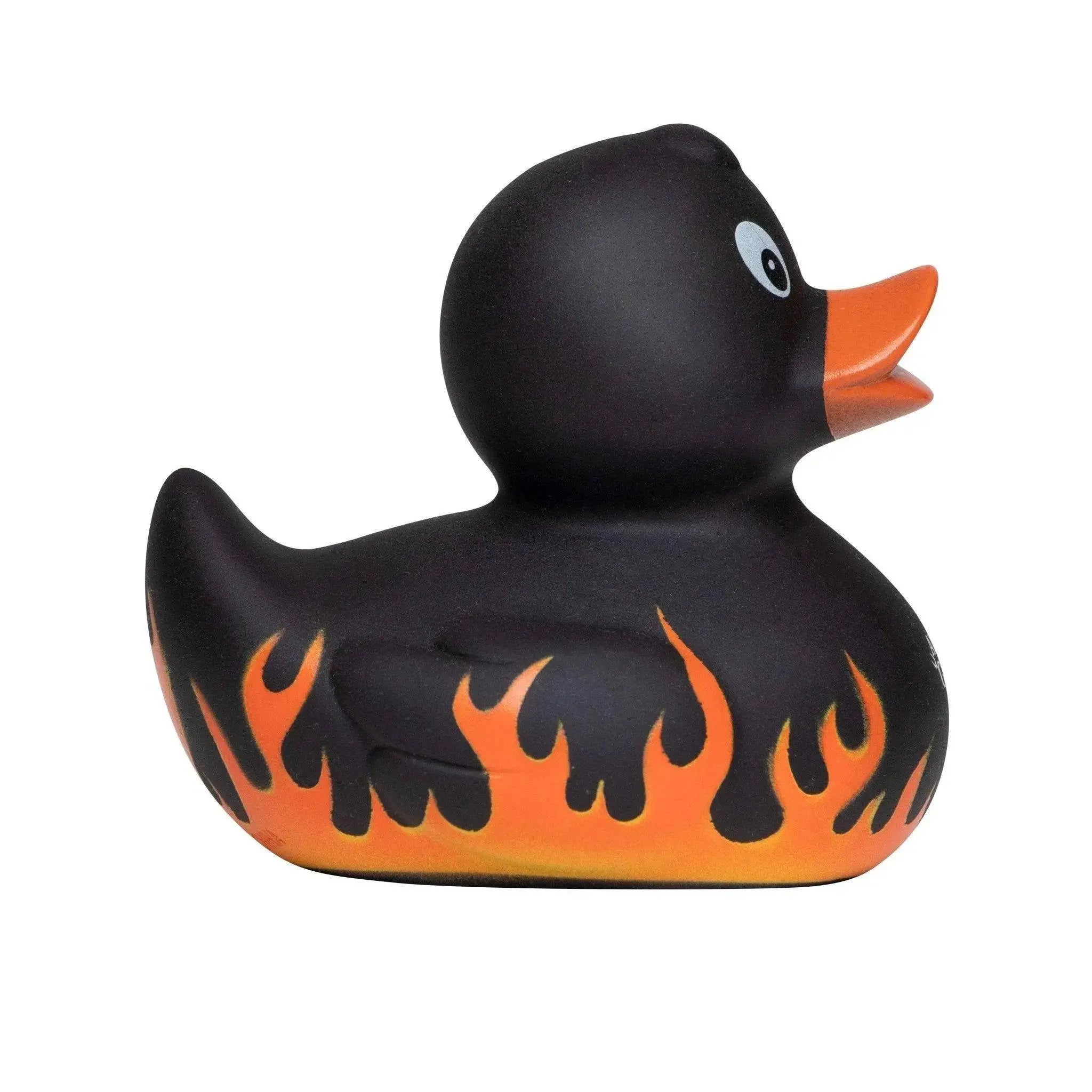 Auftragsgriller grillmeister badeente schwarze quietscheente mit orangen flammendekoren und oranger schnabel