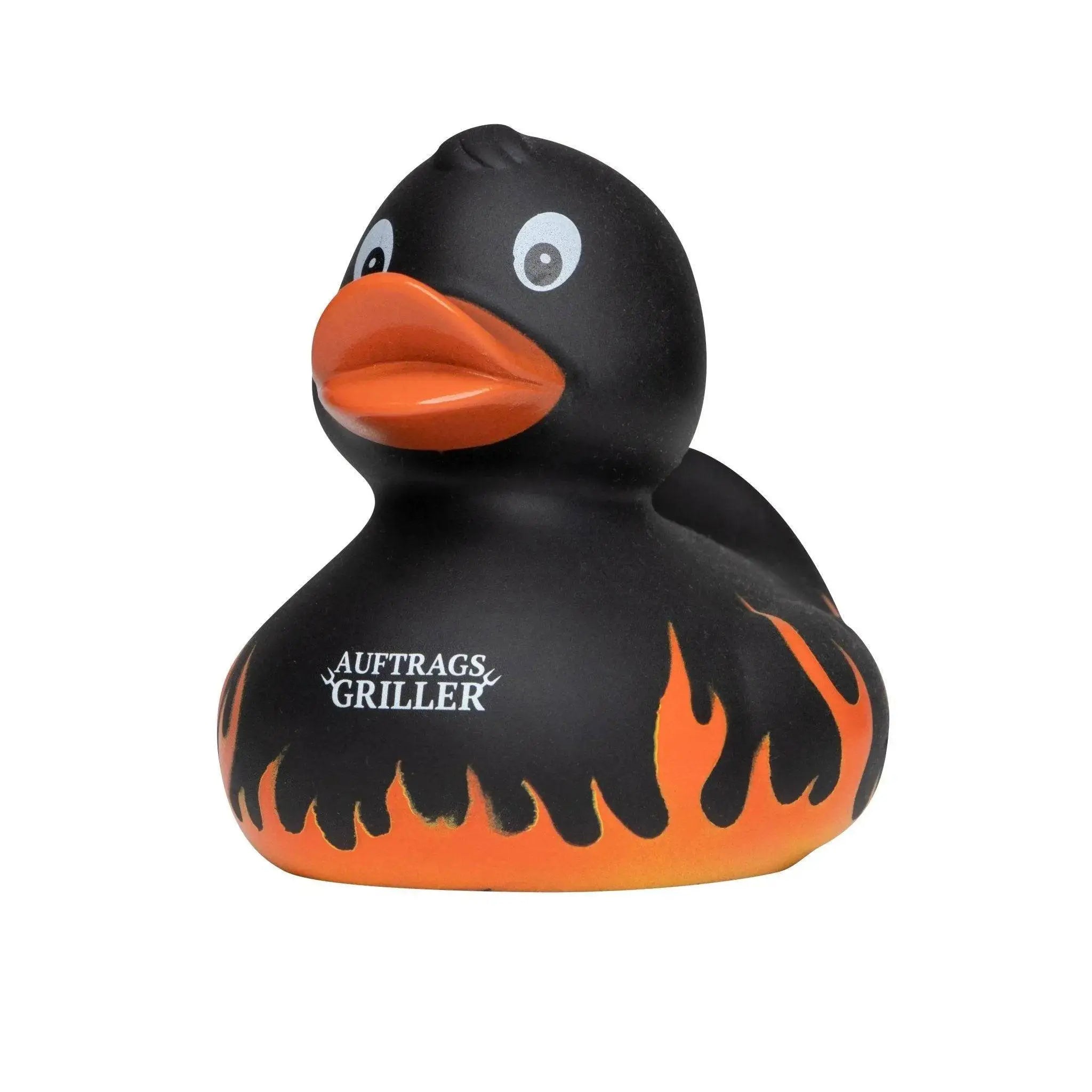 Schwarze auftragsgriller grillmeister quietsche-ente aus gummi mit orange-flammen-design und oranger schnauze