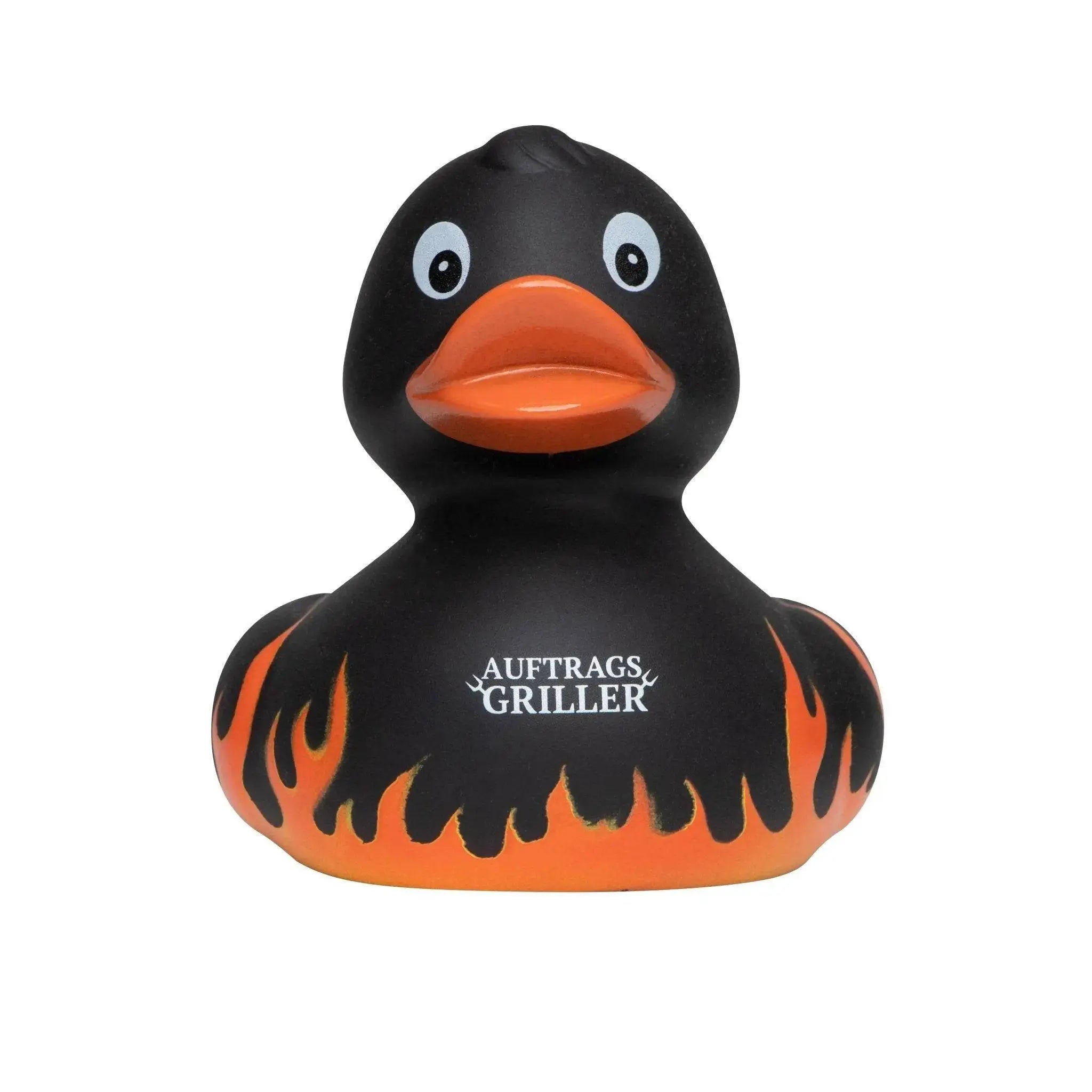 Schwarze Quietscheente mit orangeflammen Design und oranger schnabel mit auftragsgriller Logo als grillmeister badeente