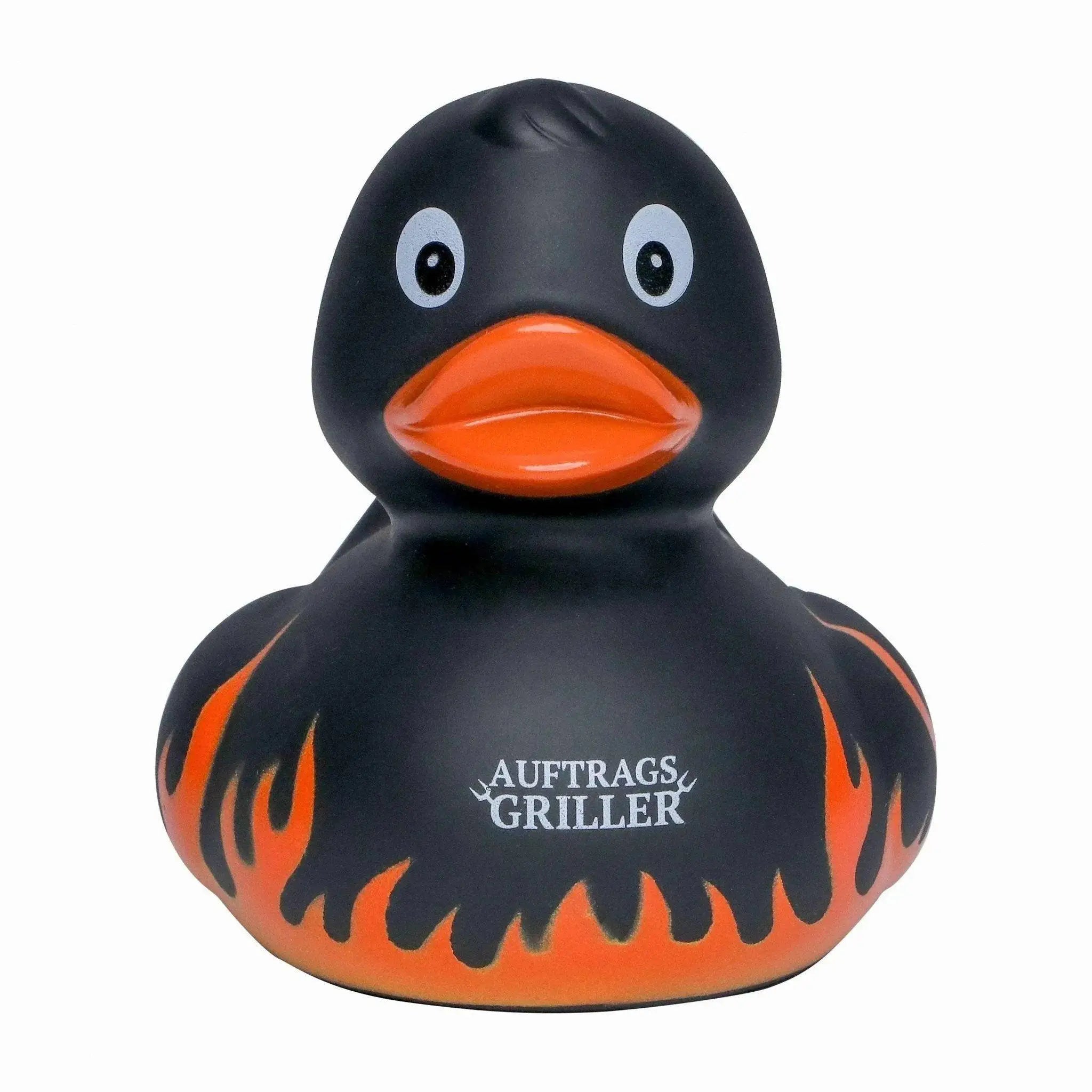 Auftragsgriller grillmeister quietsche-ente schwarze gummiente mit oranger flamme und oranger schnabel mit logo