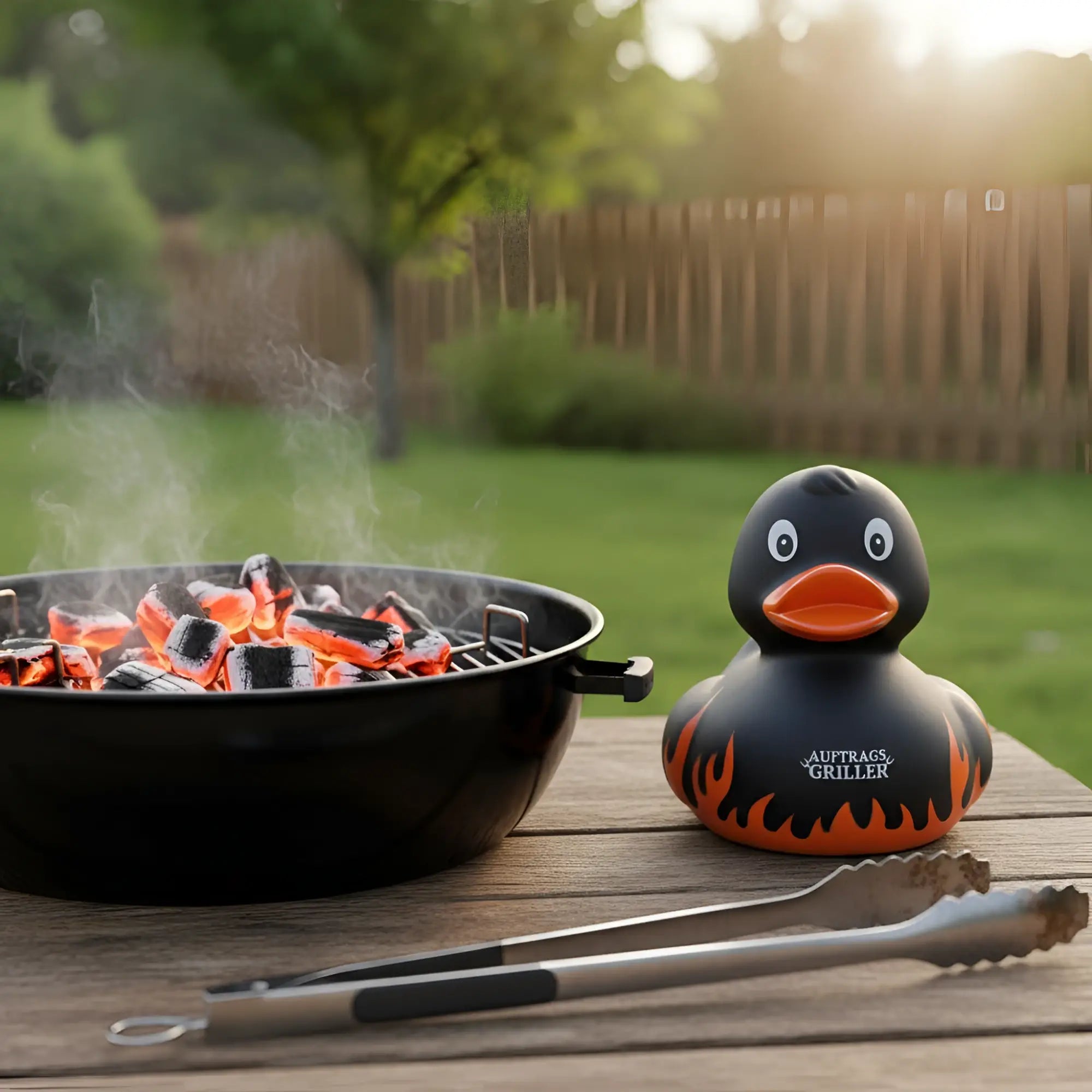 Auftragsgriller grillmeister quietsche-ente schwarze gummiente mit orangem schnabel und flammendesign