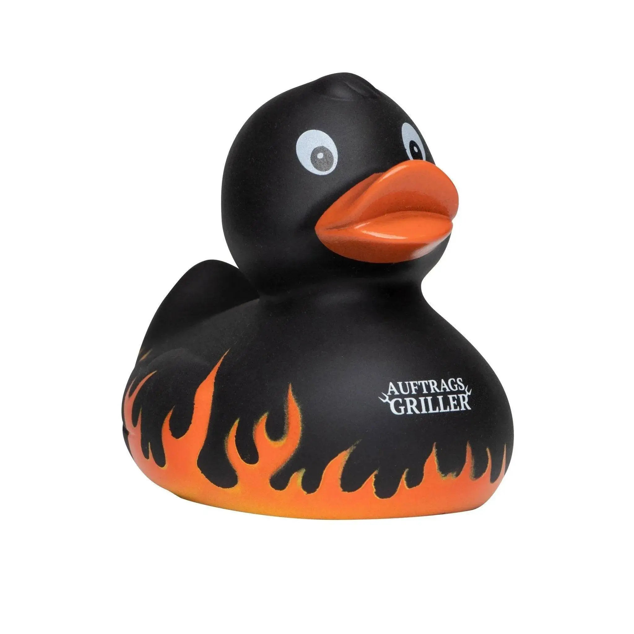Schwarze gummiente mit oranger flammenoptik und oranger schnabel mit auftragsgriller logo grillmeister badeente