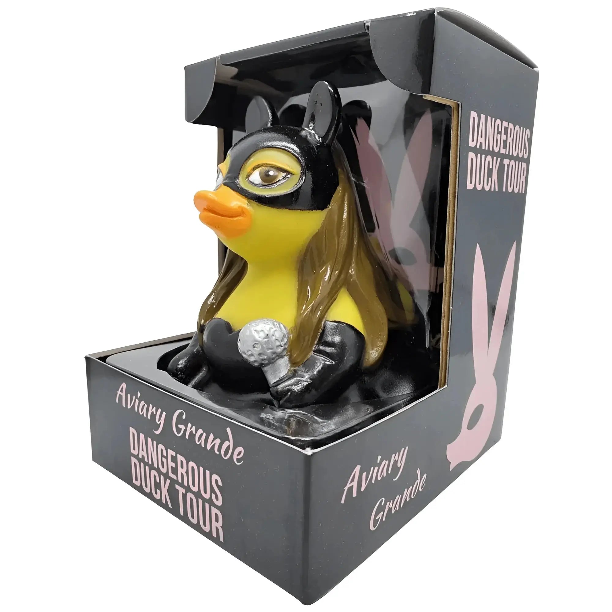 Gelbe gummiente mit braunen langen haaren maske und handschuhen hält silbernes mikrofon als aviary grande von celebriducks