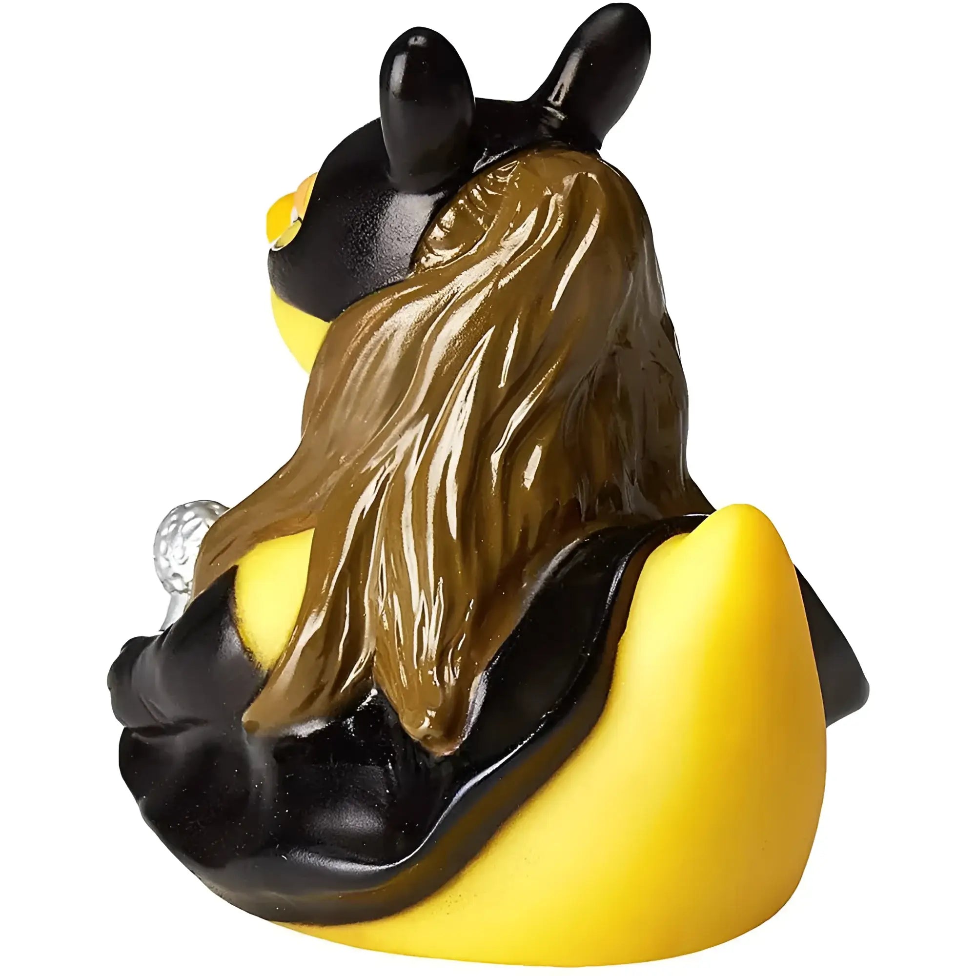 Gelbe gummiente aviary grande mit schwarzen hörnern und langem braunen haar im schwarzen outfit von celebri ducks
