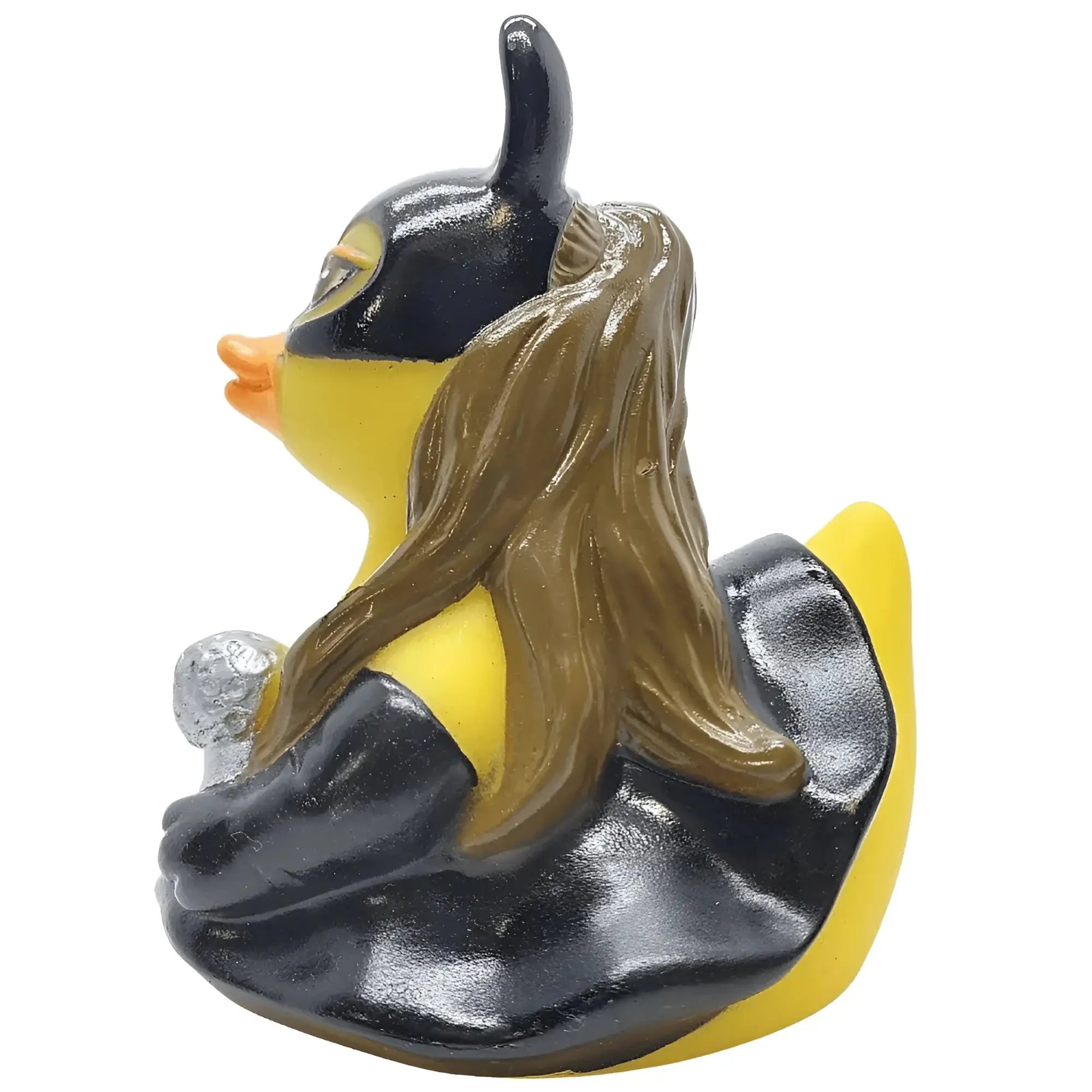 Gelbe gummiente aviary grande als superheldin mit schwarzer maske schwarzem cape und braunen langen haaren von celebriducks