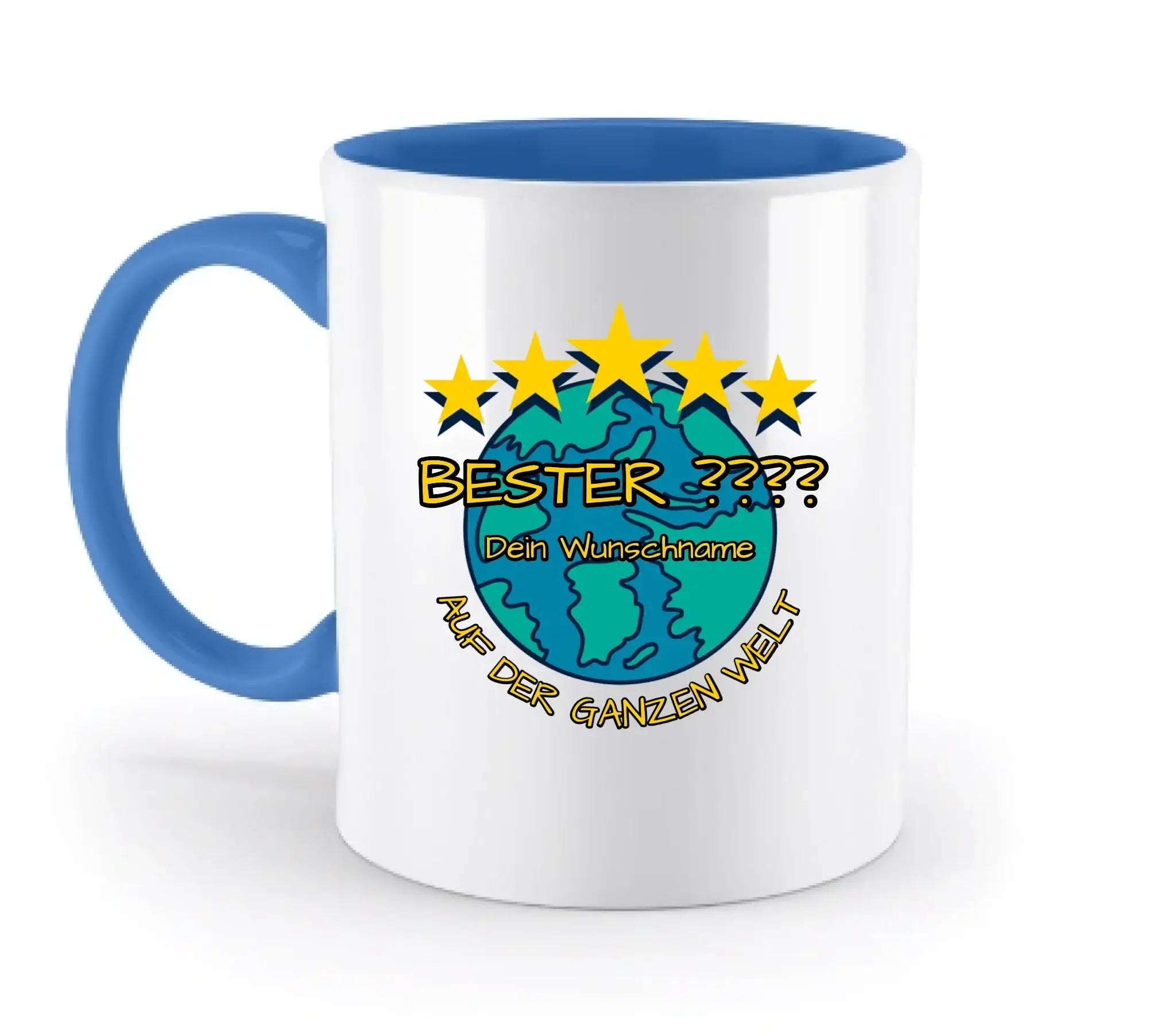 Weiße keramikmug mit blauem griff und innenfarbe, bunte weltkugel, gelbe sterne und deutscher text aus der statement-collection personalisiert