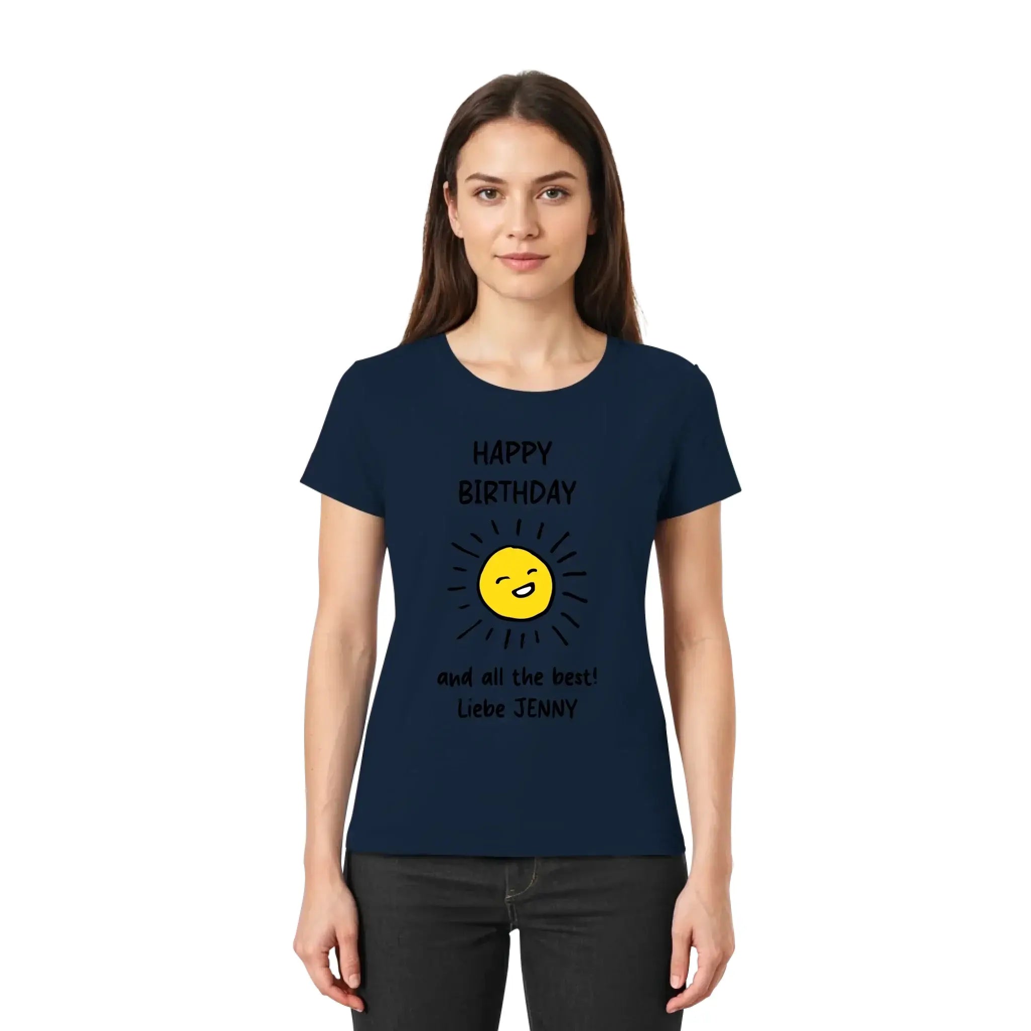Navy blaues kurzarmshirt mit gelber lachsonne und schwarzem happy birthday text für geburtstagsgrüße