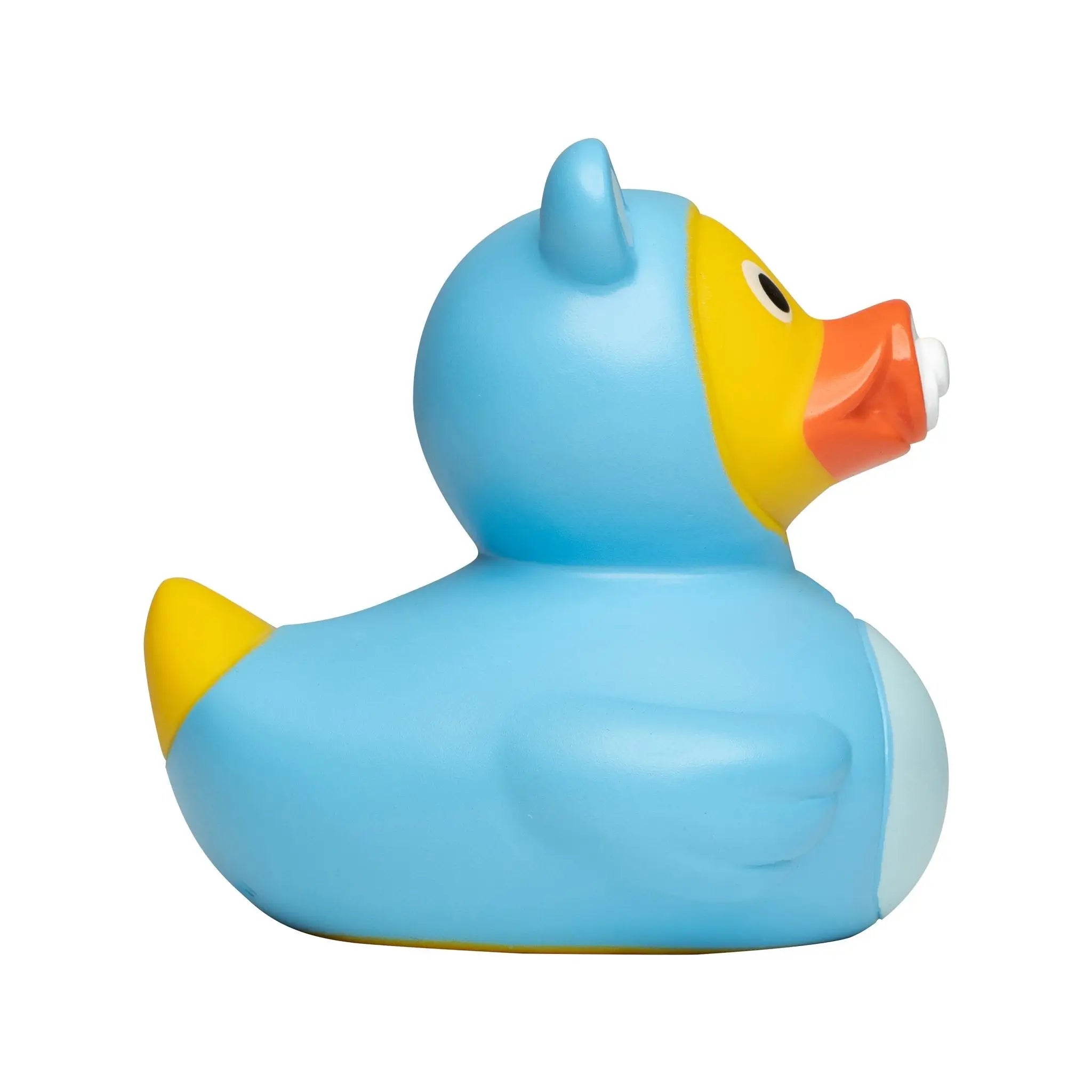 Hellblaues gummienten quietscheente mit gelbem schnabel und passenden gelben fĂŒĂen fĂŒr babyshower und neugeborene