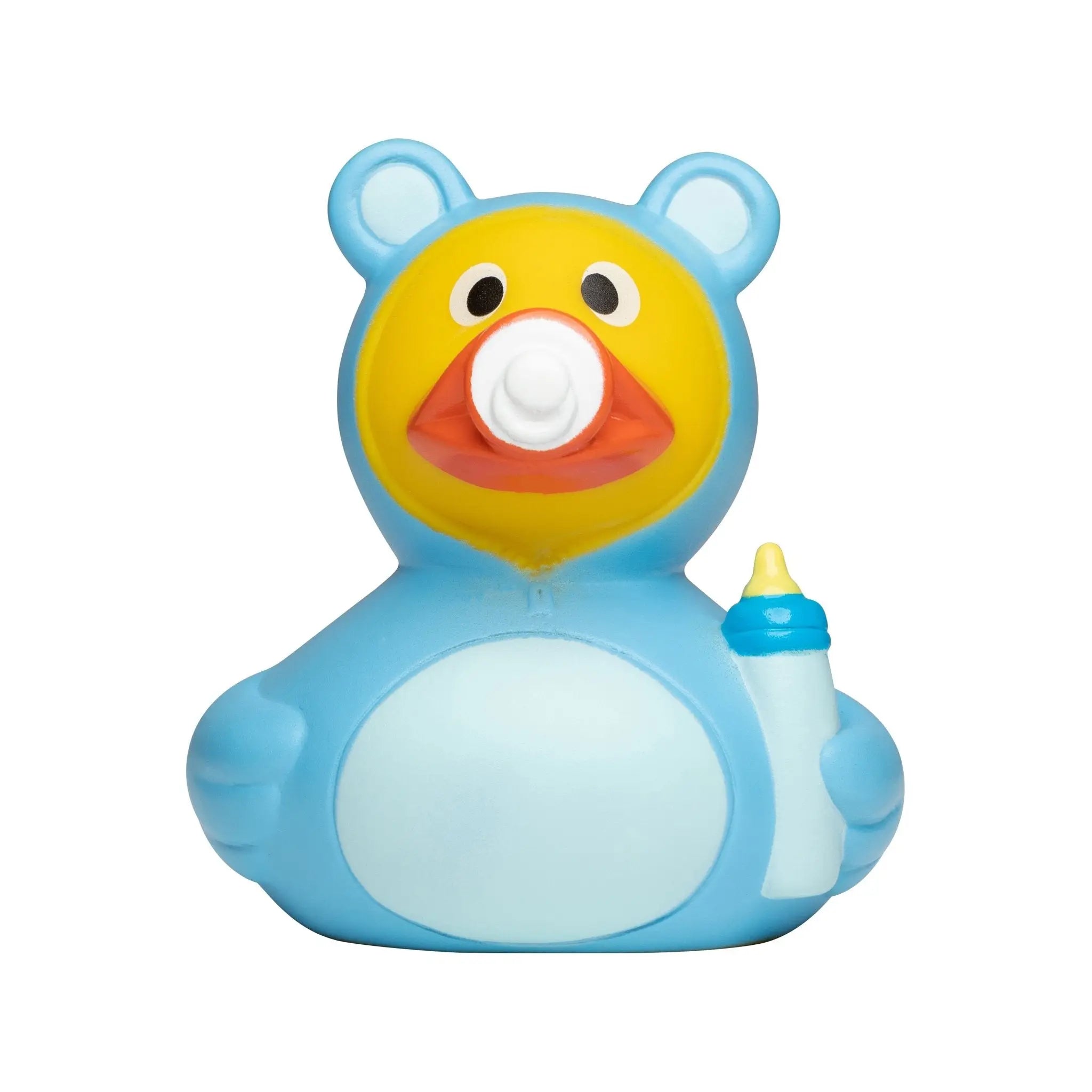 Blaue quietsche-ente mit gelbem gesicht, oranger schnabel, weißem schnuller und babyflasche für babyshower