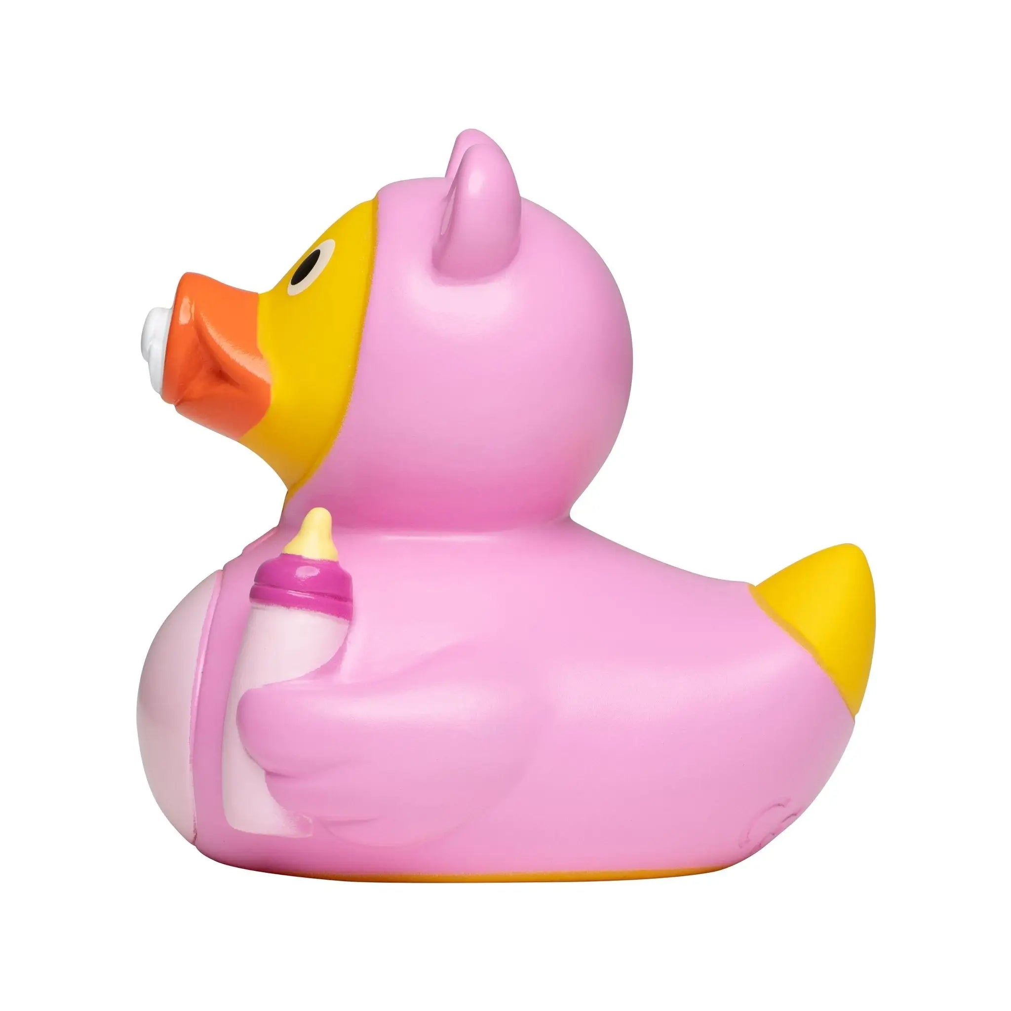 Pink quietsche-ente in rosa piggy-kostüm mit gelbem schnabel und füßen für baby rosa mädchen babyshower