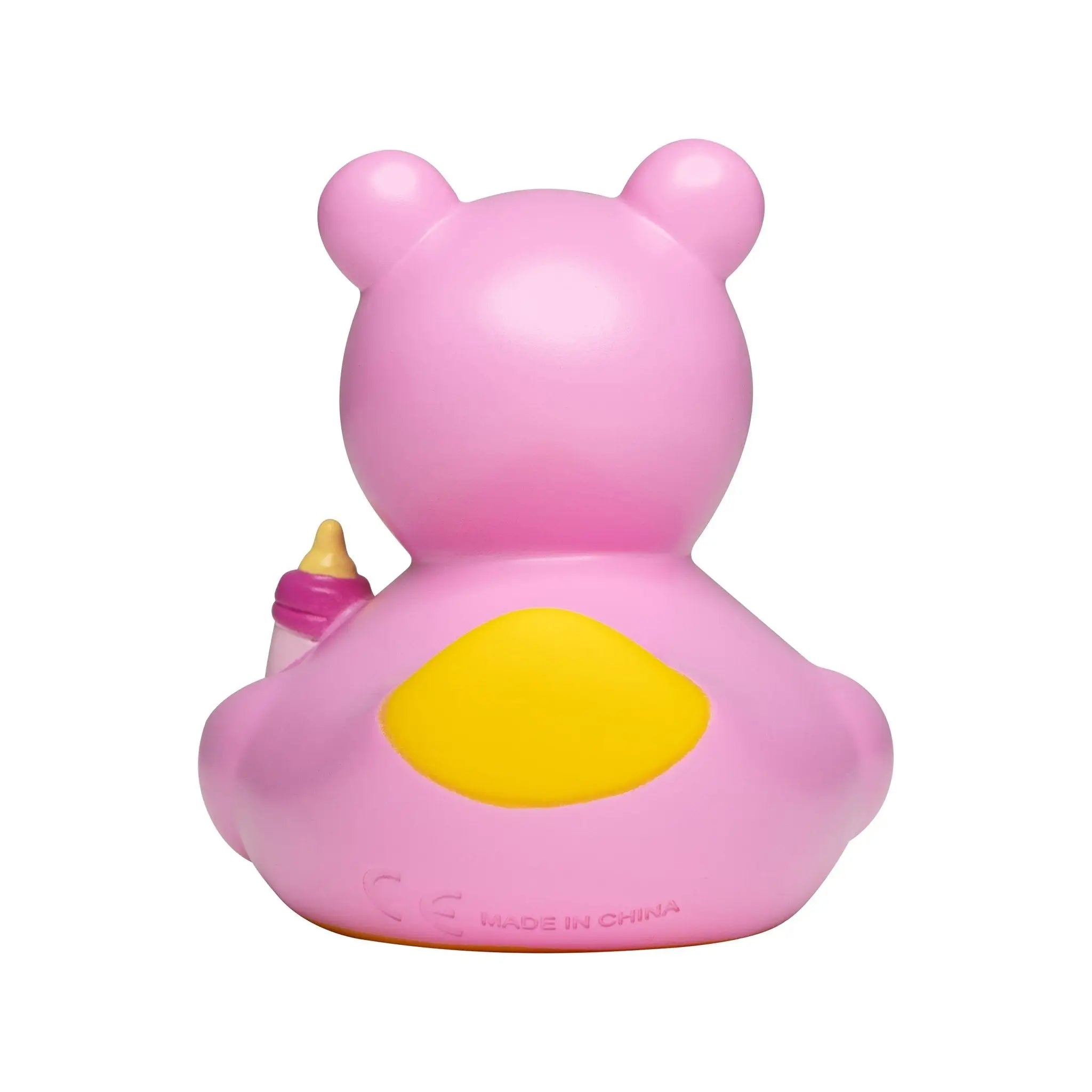 Pink quietsche-ente mit gelber flĂ€che auf dem rĂŒcken hĂ€lt babyflasche fĂŒr baby rosa mĂ€dchen babyshower