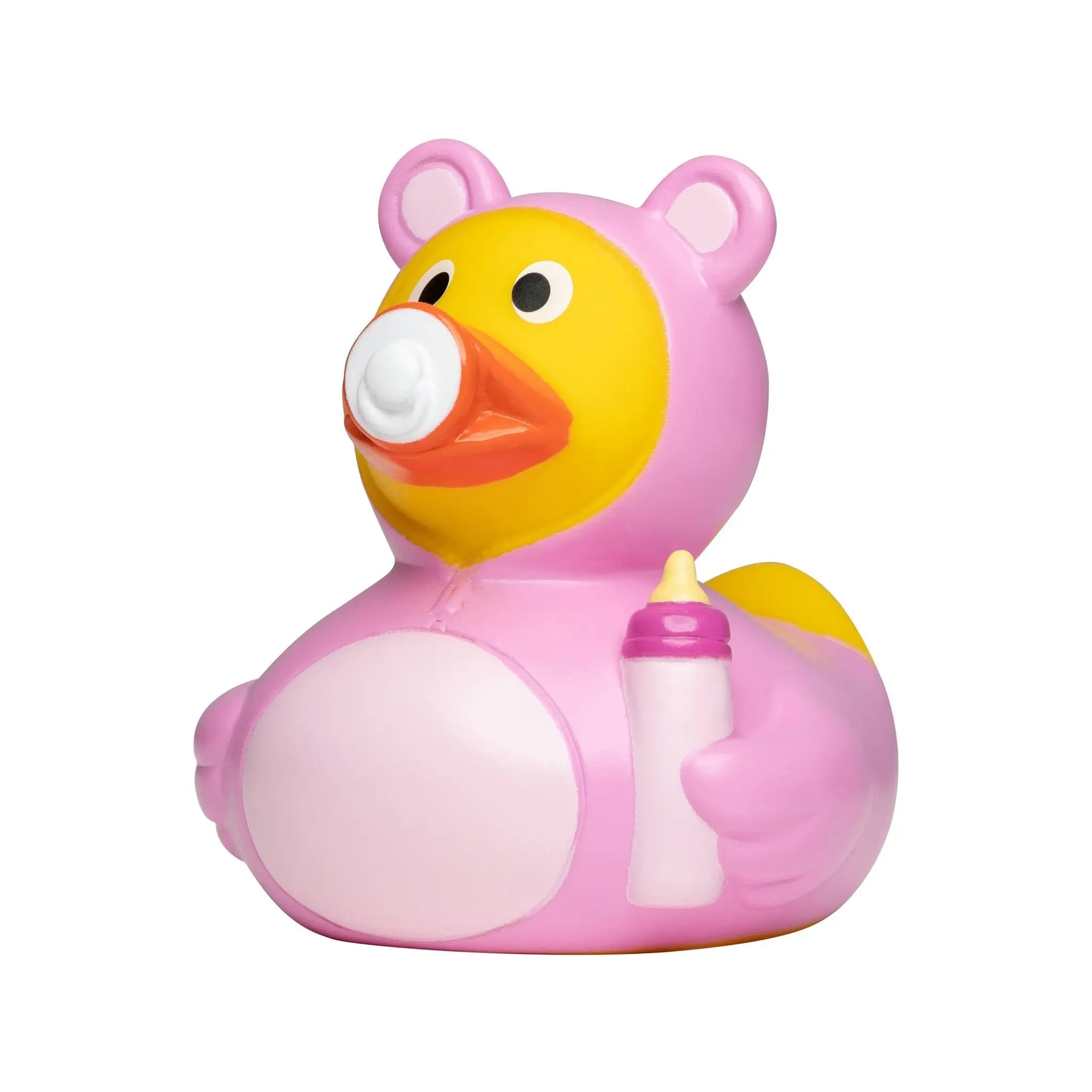Pink quietsche-ente in bärenkostüm mit gelbem gesicht und babyflasche, ideal als baby rosa mädchen babyshower geschenk