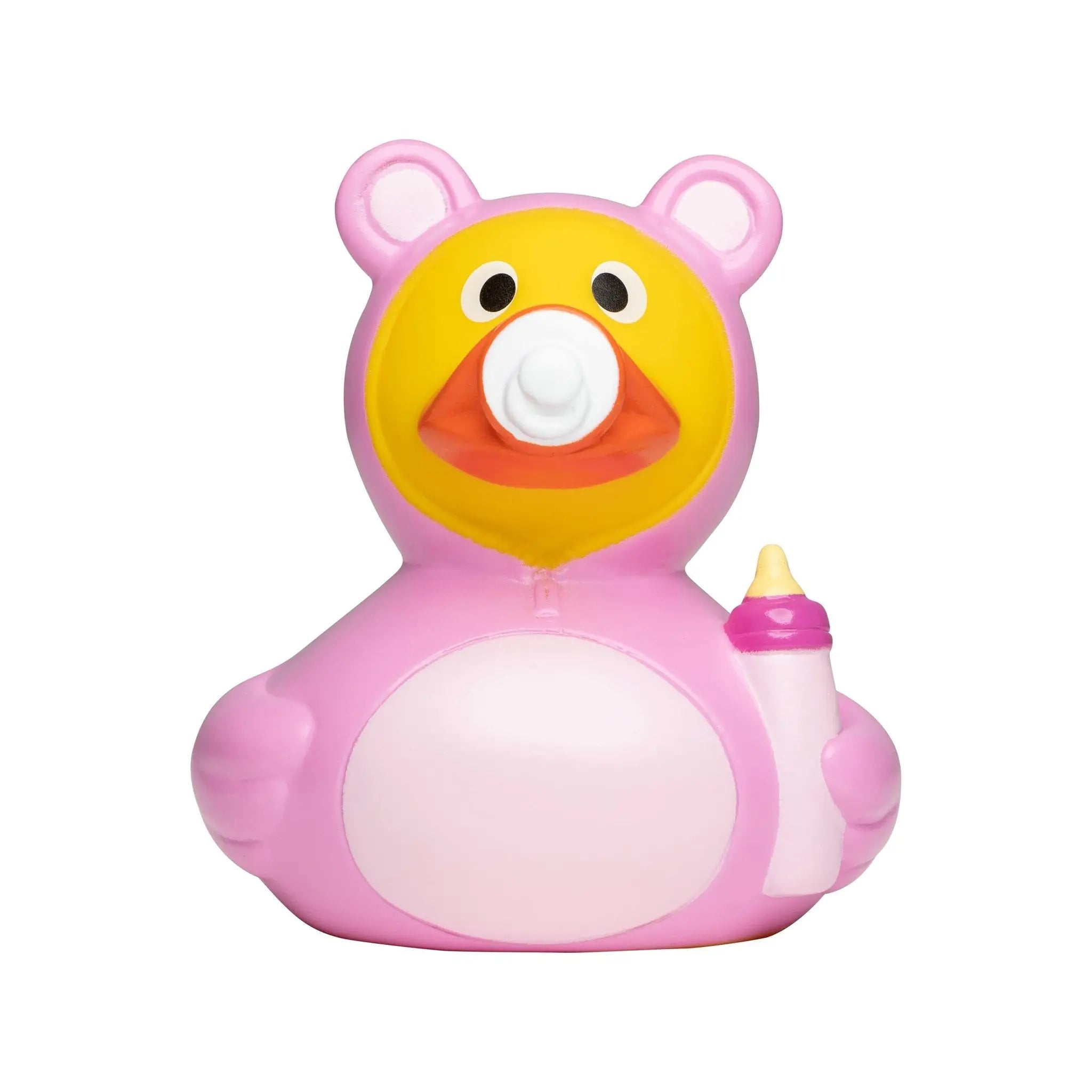 Pink gummiente mit gelbem gesicht orangefarbenem schnabel und weißem schnuller hält rosa babyflasche baby rosa mädchen babyshower badeente