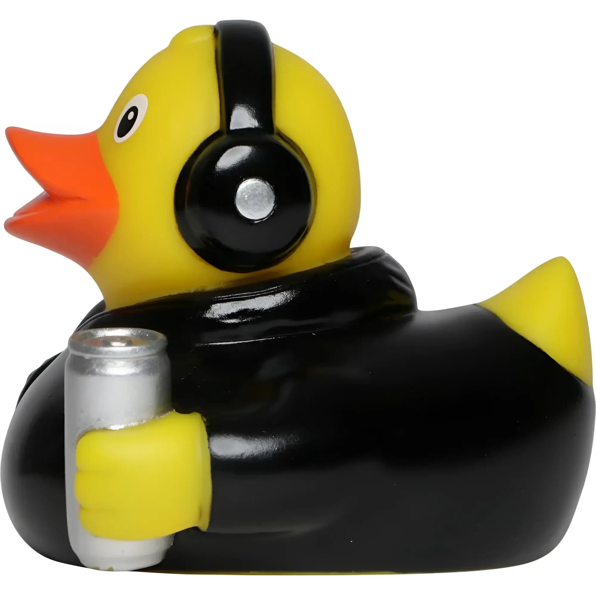 Gelbe badeente gamer mit schwarzen kopfhörern und jacke hĂ€lt silberne dose perfekt fĂŒr videospiele fans