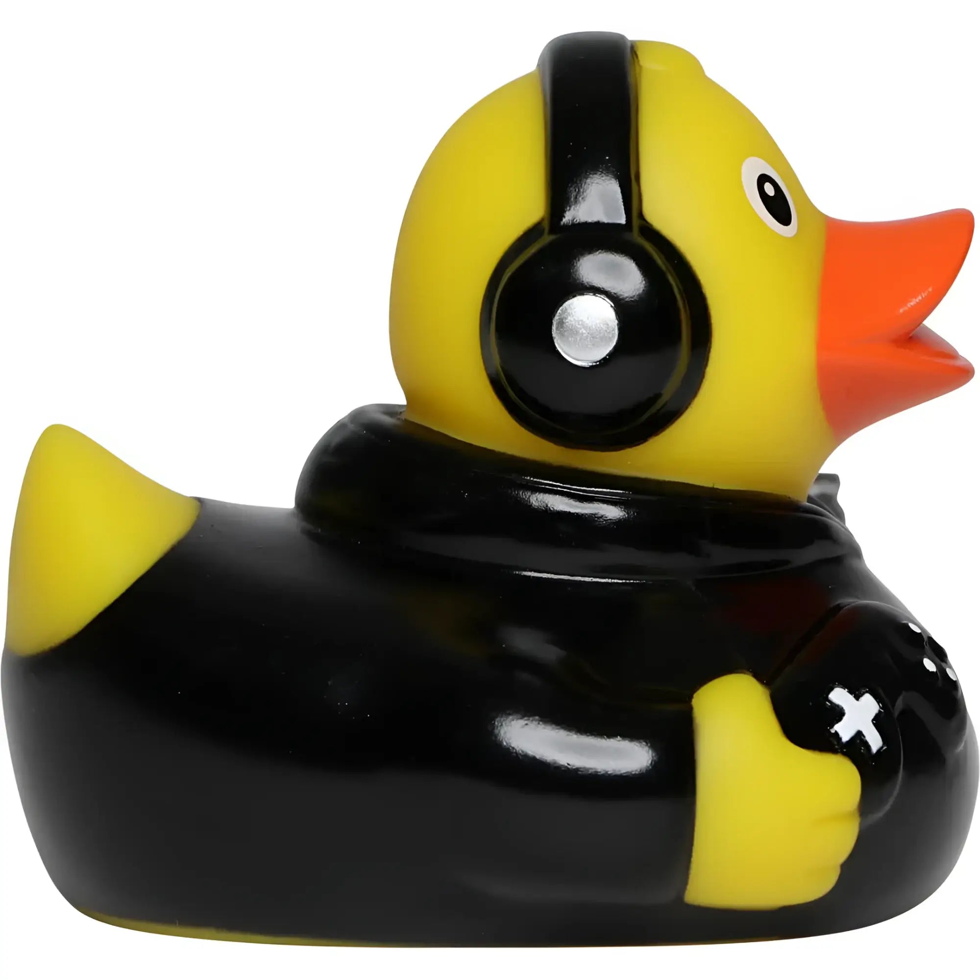 Gelbe badeente gamer von schnabels mit schwarzen kopfhörern und jacke hält spielcontroller perfekt für videospielefans