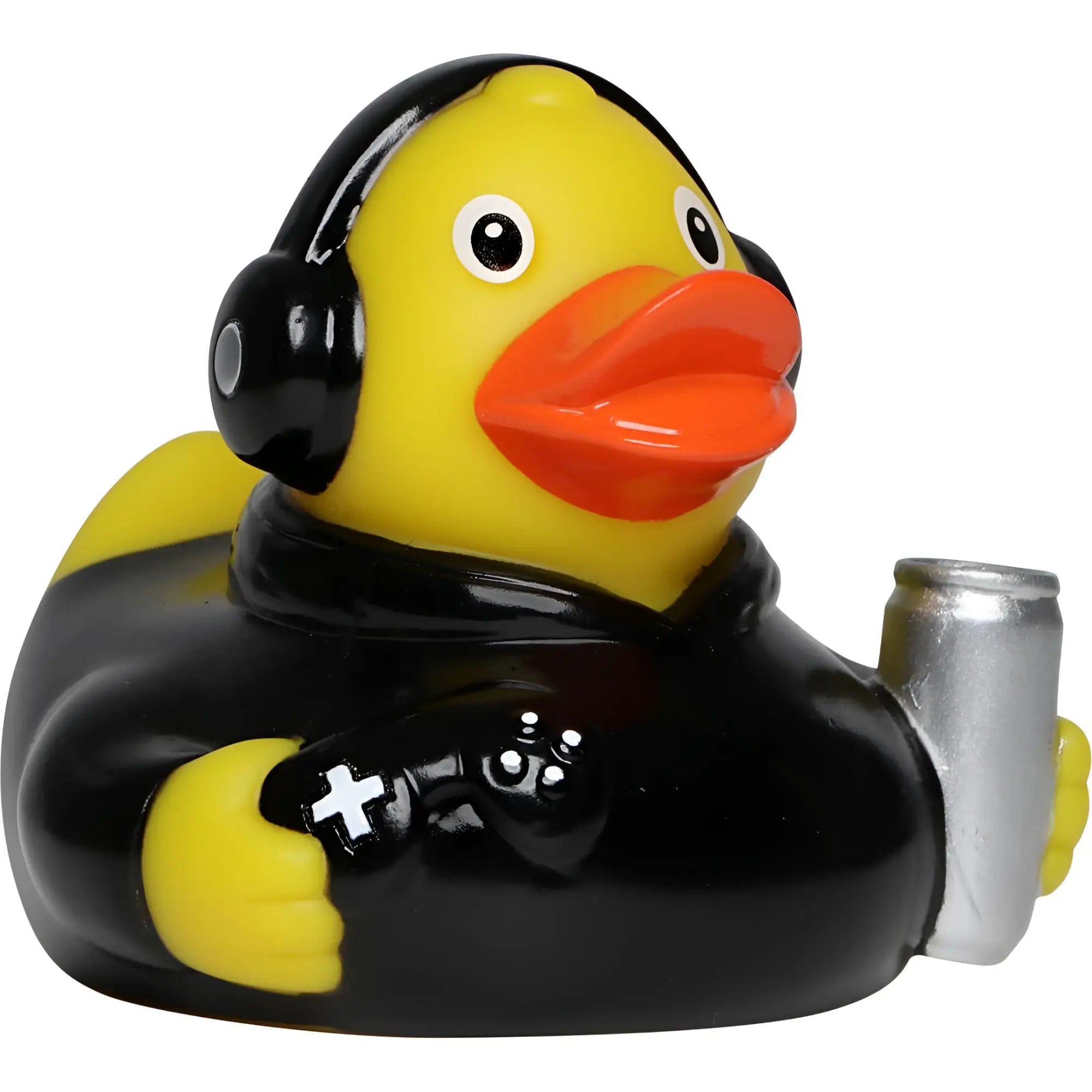 Gelbe badeente gamer mit schwarzen kopfhörern und hoodie hält dose und videospiel-controller von schnabels