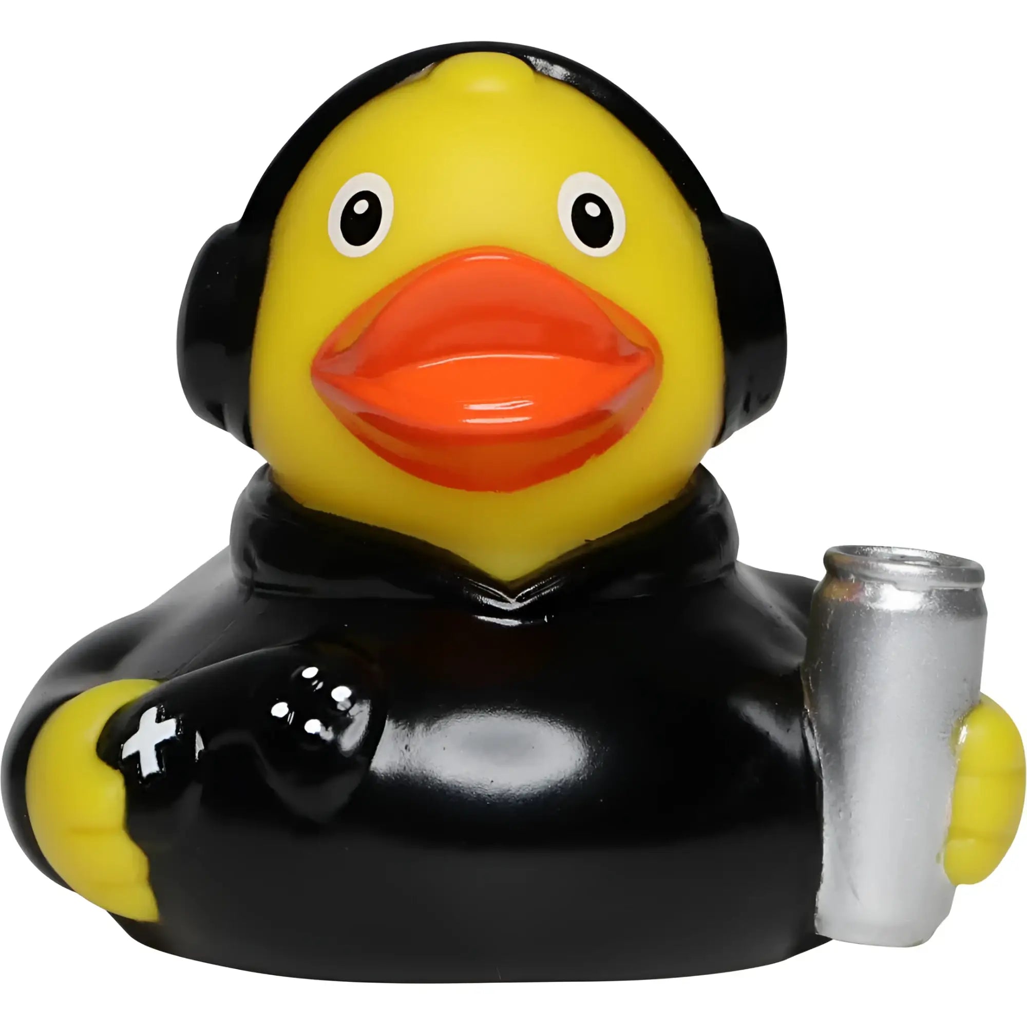 Gelbe badeente gamer mit schwarzen kopfhörern und hoodie hĂ€lt silberne dose perfekt fĂŒr videospiele fans