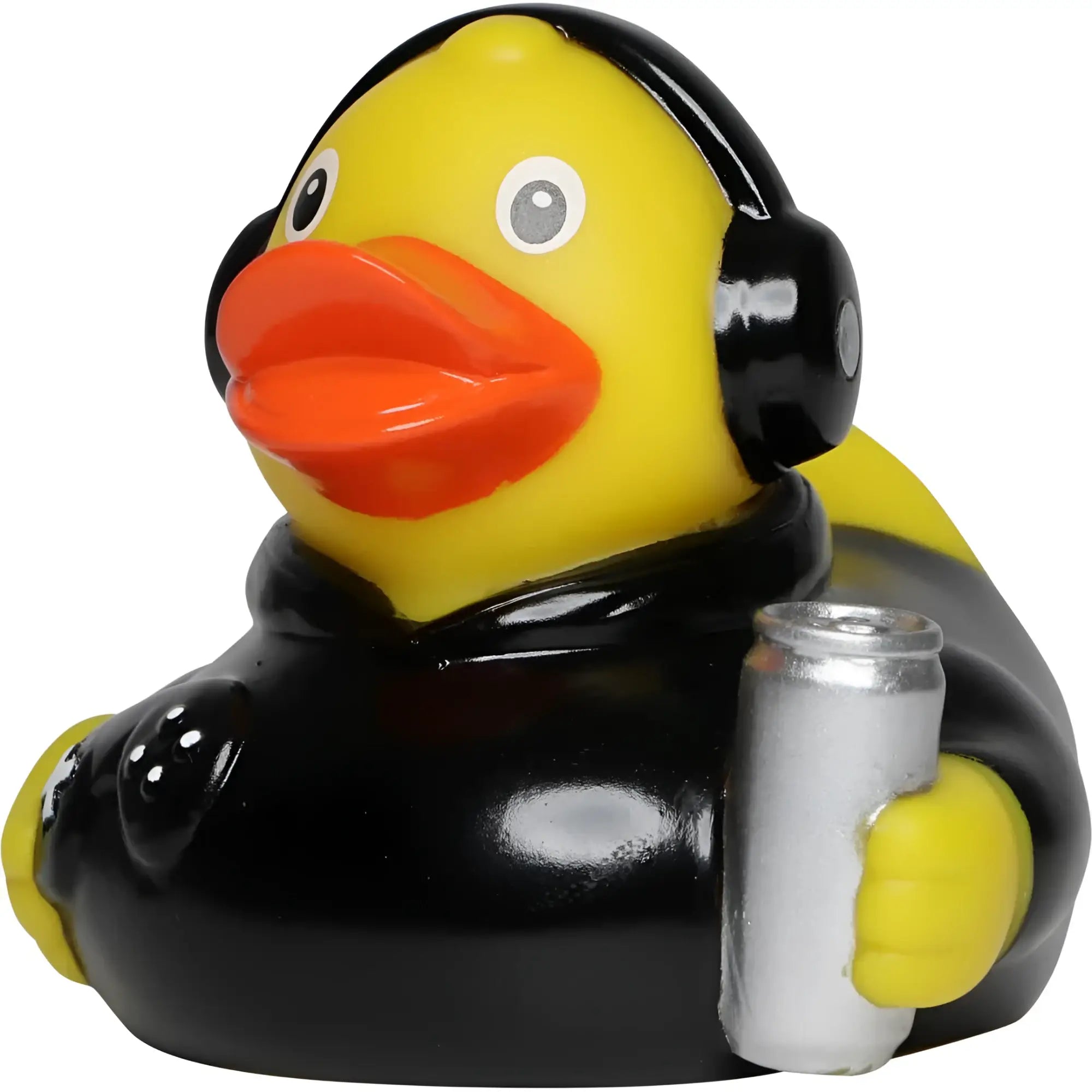 Gelbe badeente gamer mit schwarzen kopfhörern und jacke hĂ€lt silberne dose perfekt fĂŒr videospiel-fans
