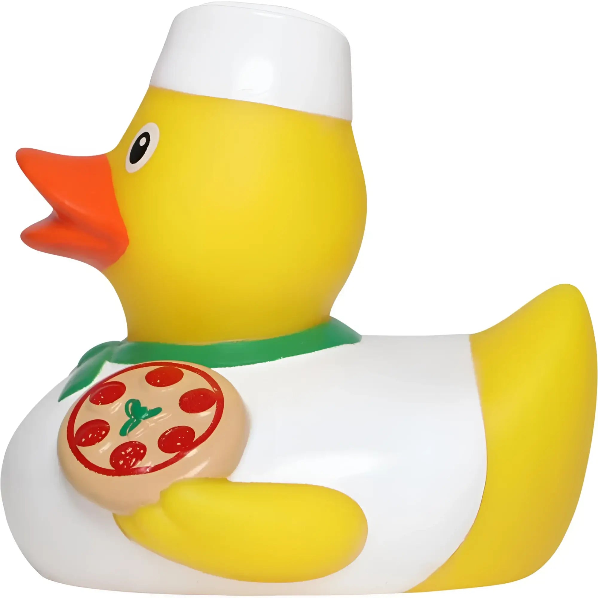 Gelbe badeente pizzabäcker mit weißer kochmütze hält mini pepperoni pizza perfekt für pizzeria danken