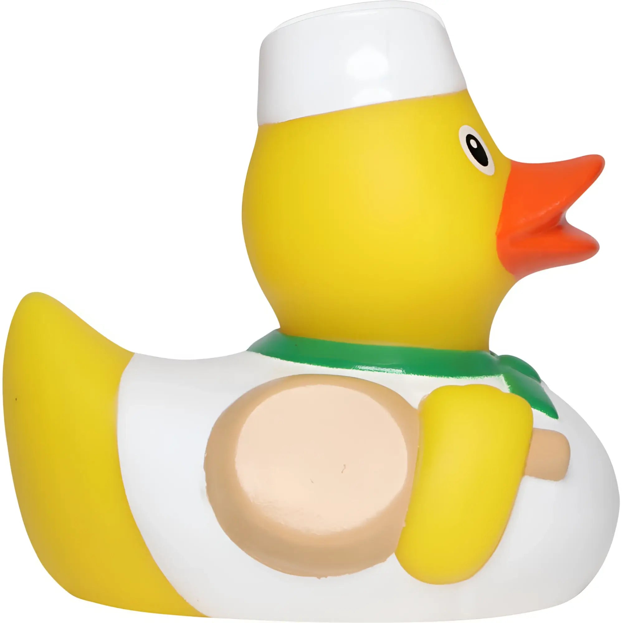 Gelbe badeente pizzabäcker mit weißer chefkochmütze und holzlöffel von schnabels perfekt für pizzeria