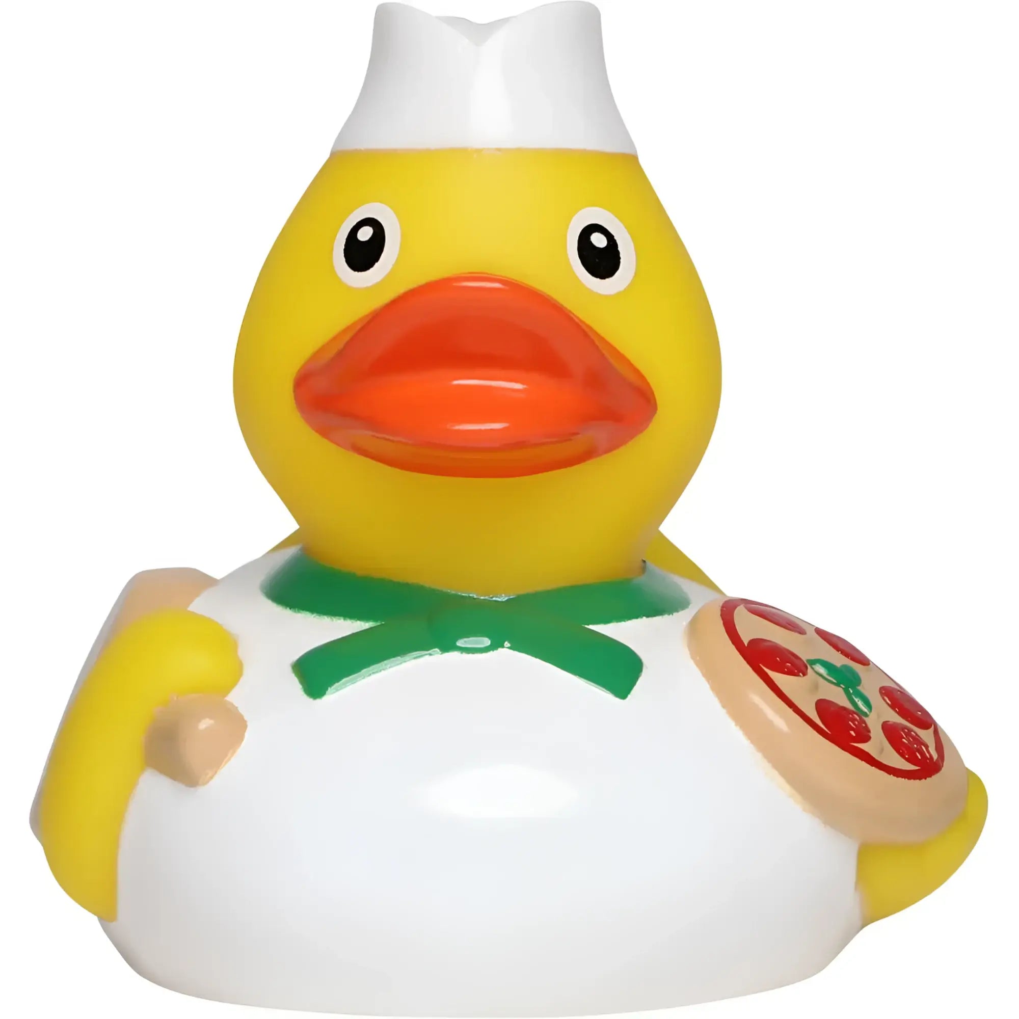 Gelbe badeente pizzabĂ€cker mit weiĂer kochmĂŒtze und grĂŒner schleife hĂ€lt mini pizzastĂŒck perfekte quietscheente