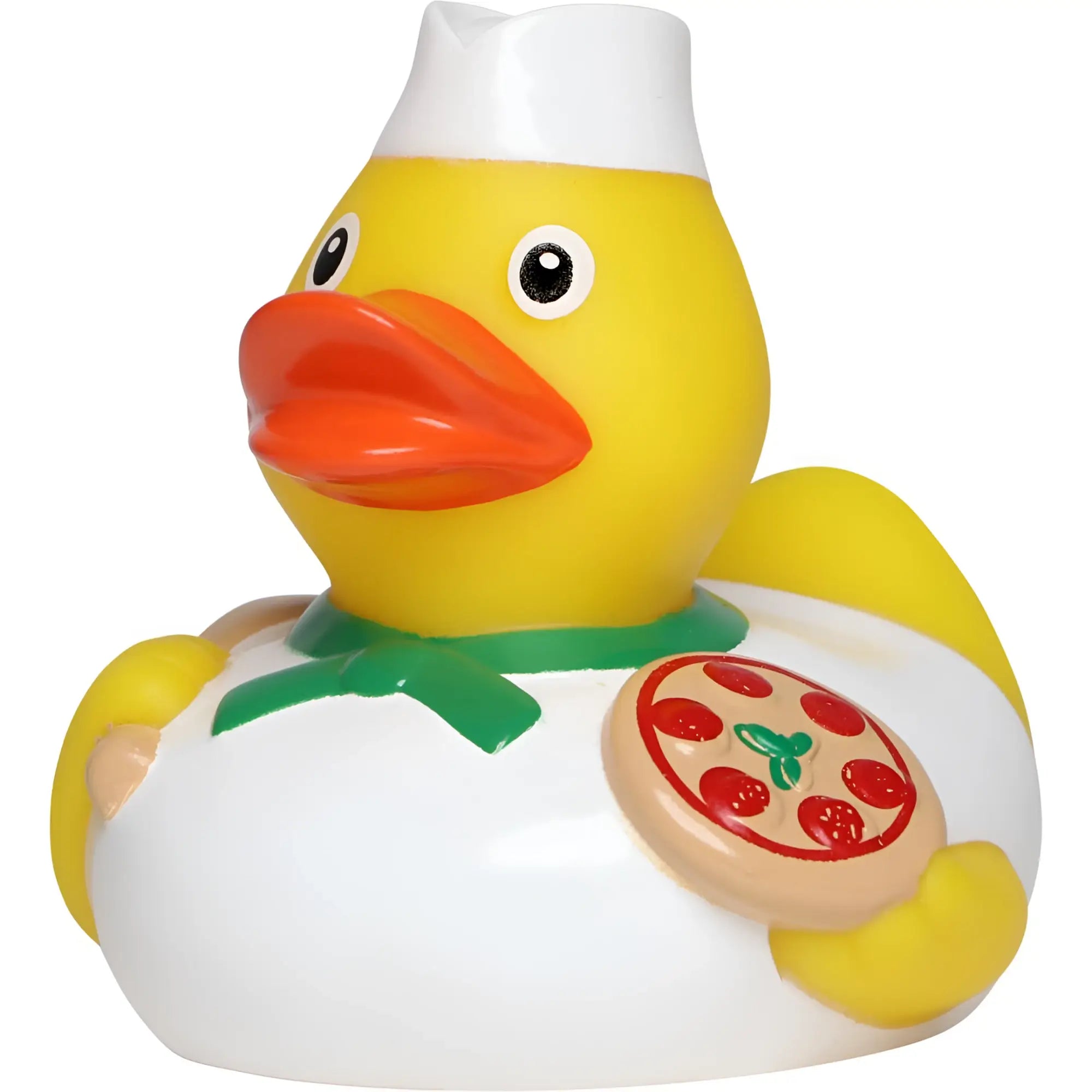 Gelbe badeente pizzabĂ€cker mit weiĂer kochmĂŒtze und grĂŒner schĂŒrze hĂ€lt mini pizza mit pepperoni als dankeschön