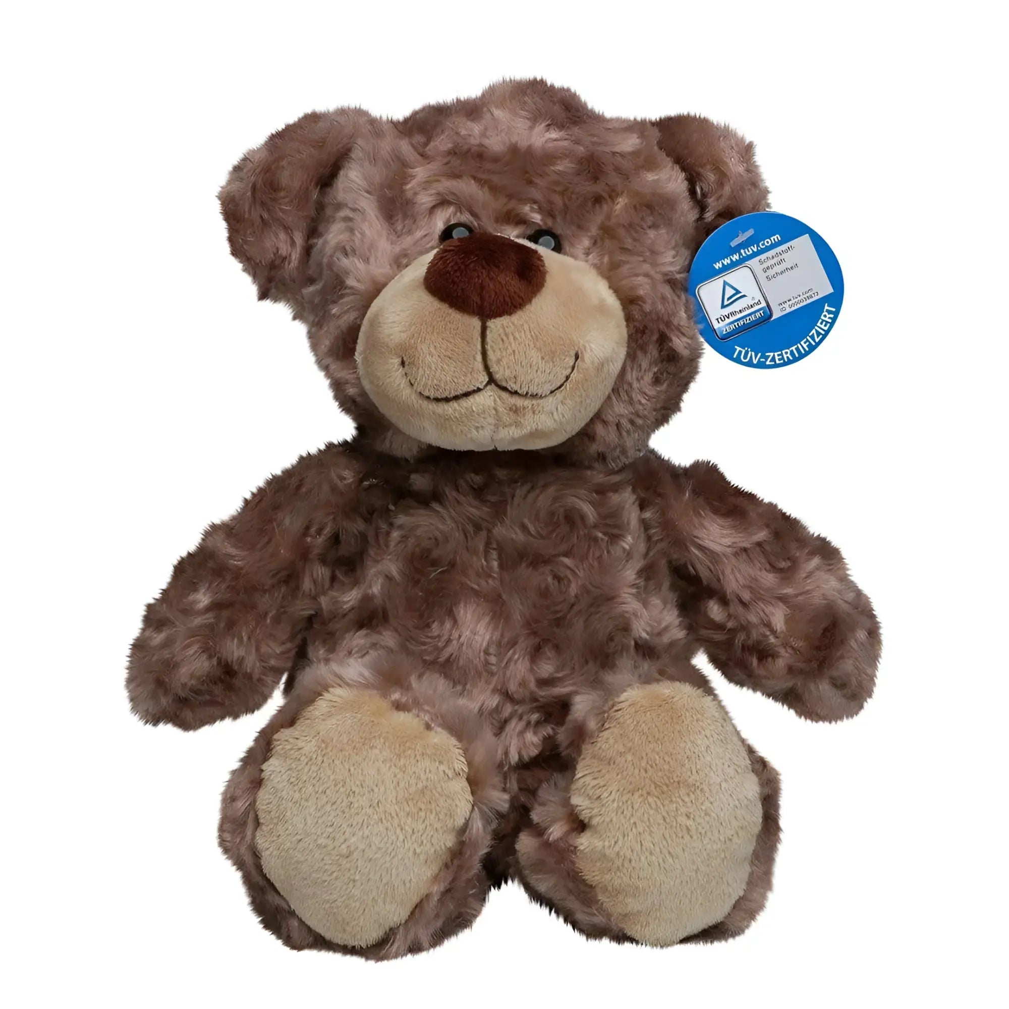 Ein brauner plüschbär bär bodo mit hellen pfoten und schnauze aus weichem lockigem fellstoff