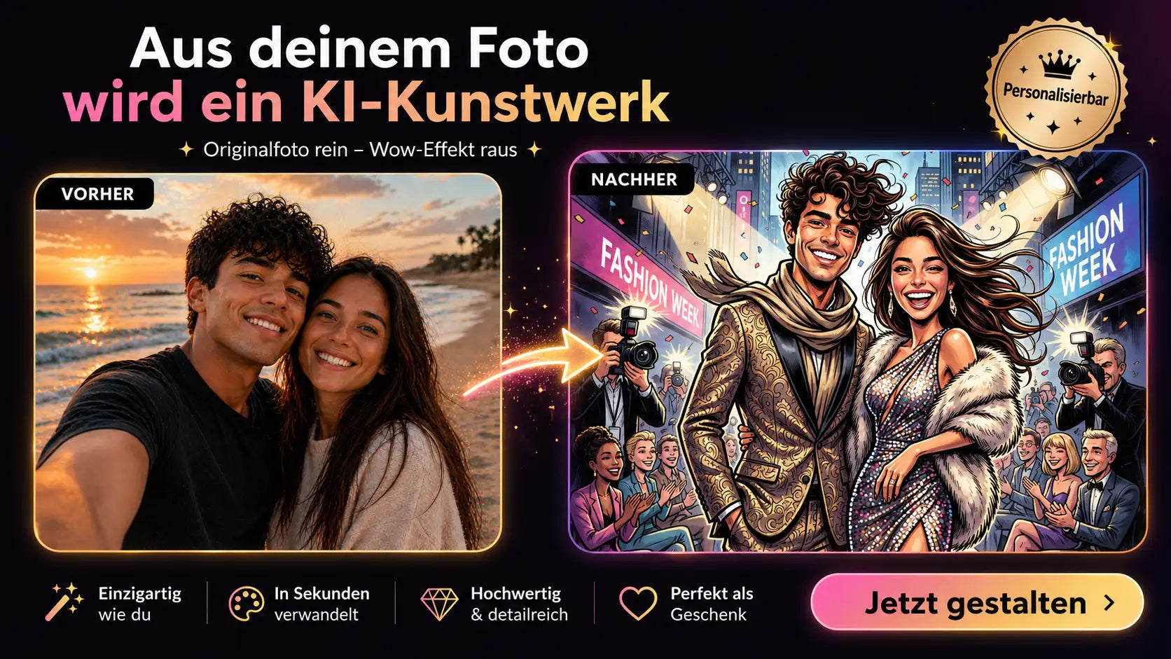 Stilisierte Cartoon-Illustration eines Paares bei einer glamourösen Fashion-Week-Veranstaltung, wiedergegeben in lebendigen Farben mit detaillierten Texturen und dynamischer Beleuchtung.