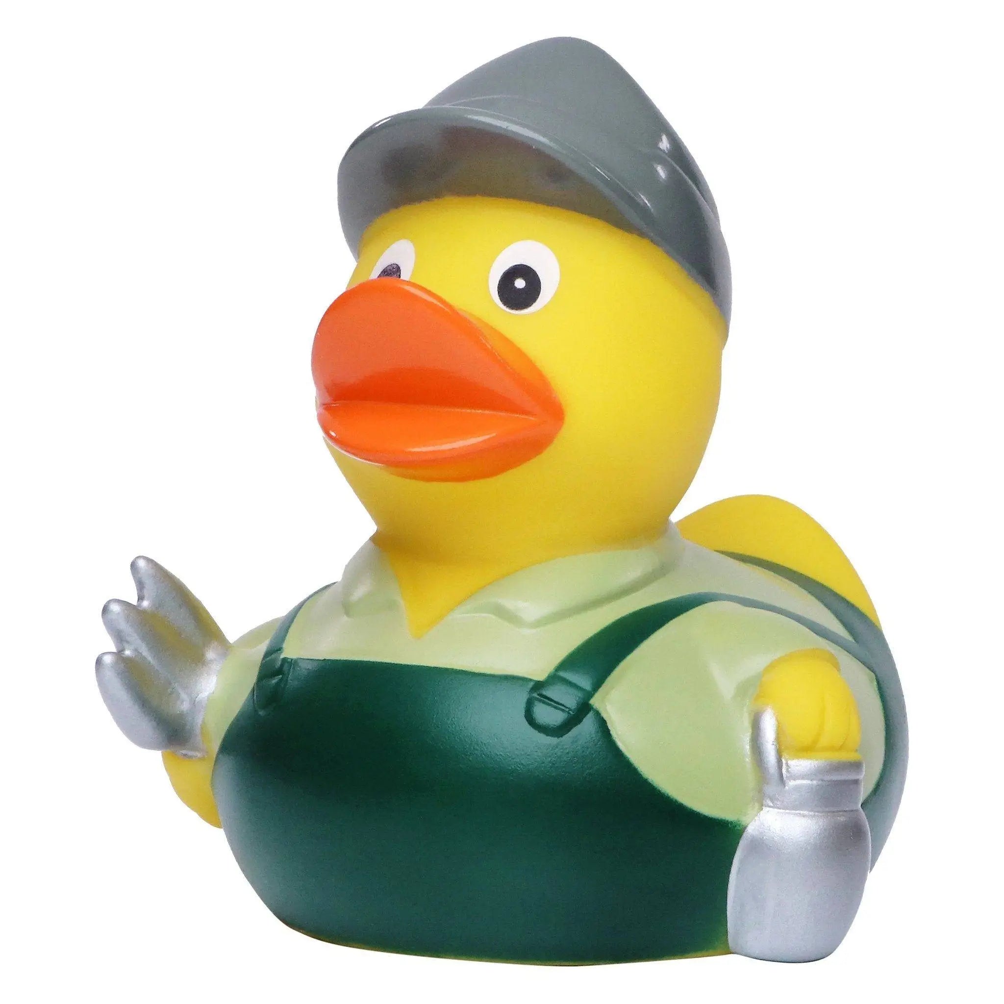 Gelbe bauernhof quietscheente mit grauem helm grünem overall silbernen handschuhen und werkzeuggürtel