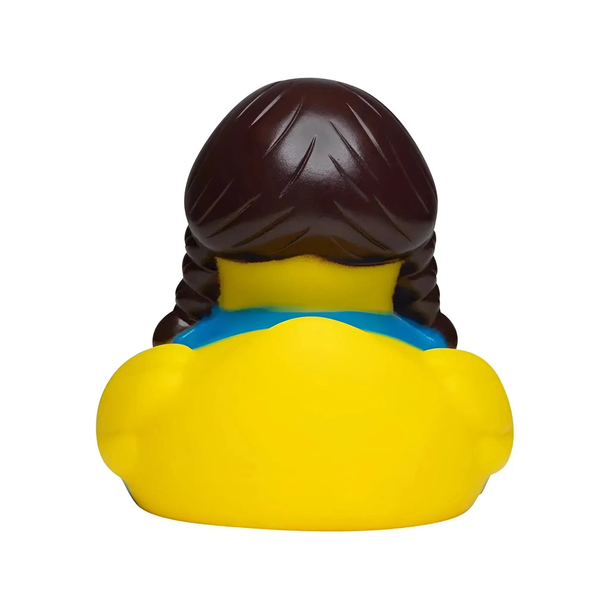 Gelbe bayerin quietsche ente mit dunkelbraiden zöpfen und blauem kragen aus gummi fürs badezimmer