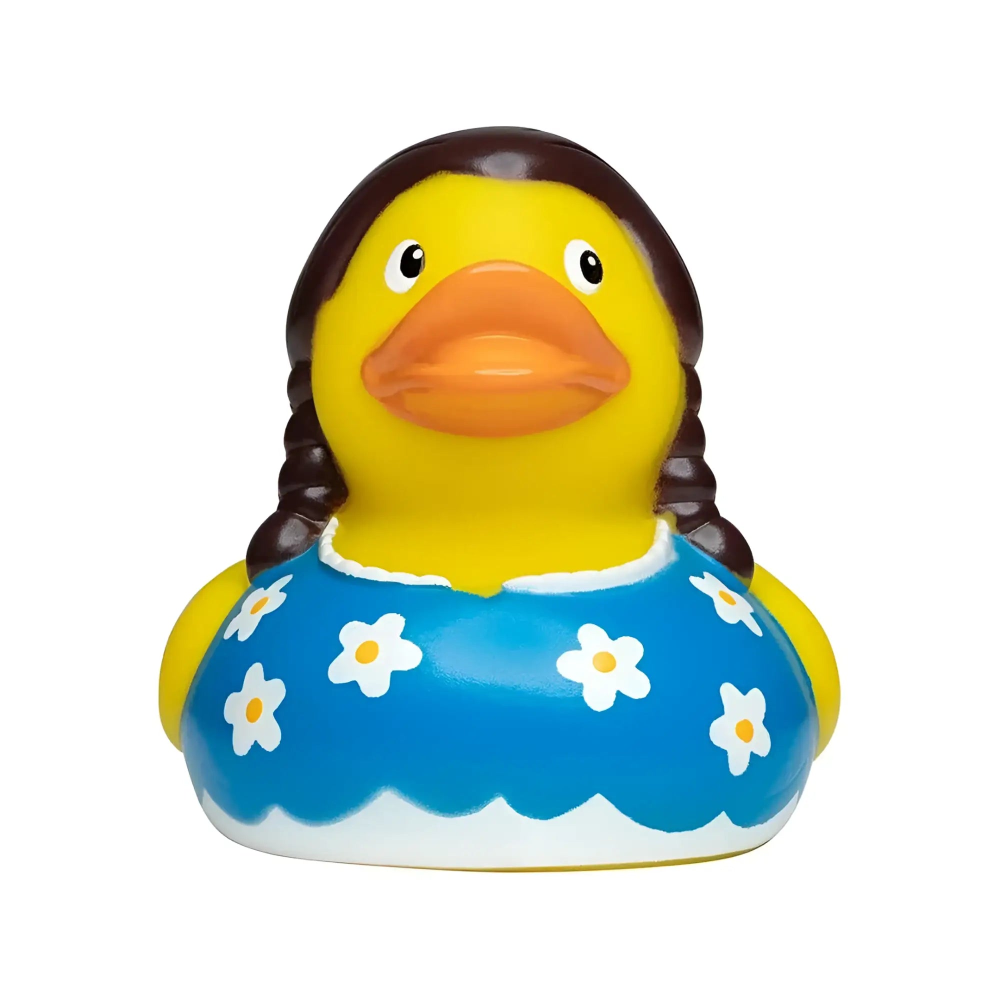 Bayerin quietsche-ente gelb mit braunen zöpfen und blauem kleid mit weißen gänseblümchen badeente