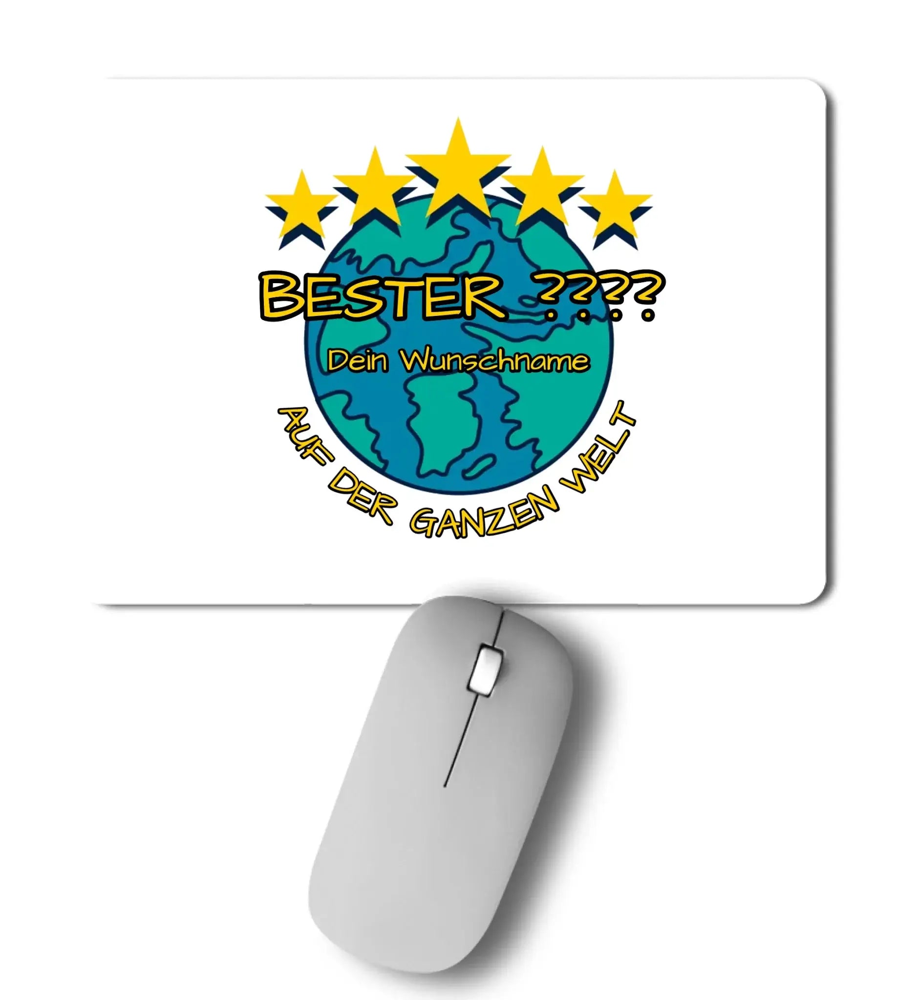 Weißes mauspad mit blauem globus umgeben von gelben sternen und deutschem text mit silberner kabelloser maus