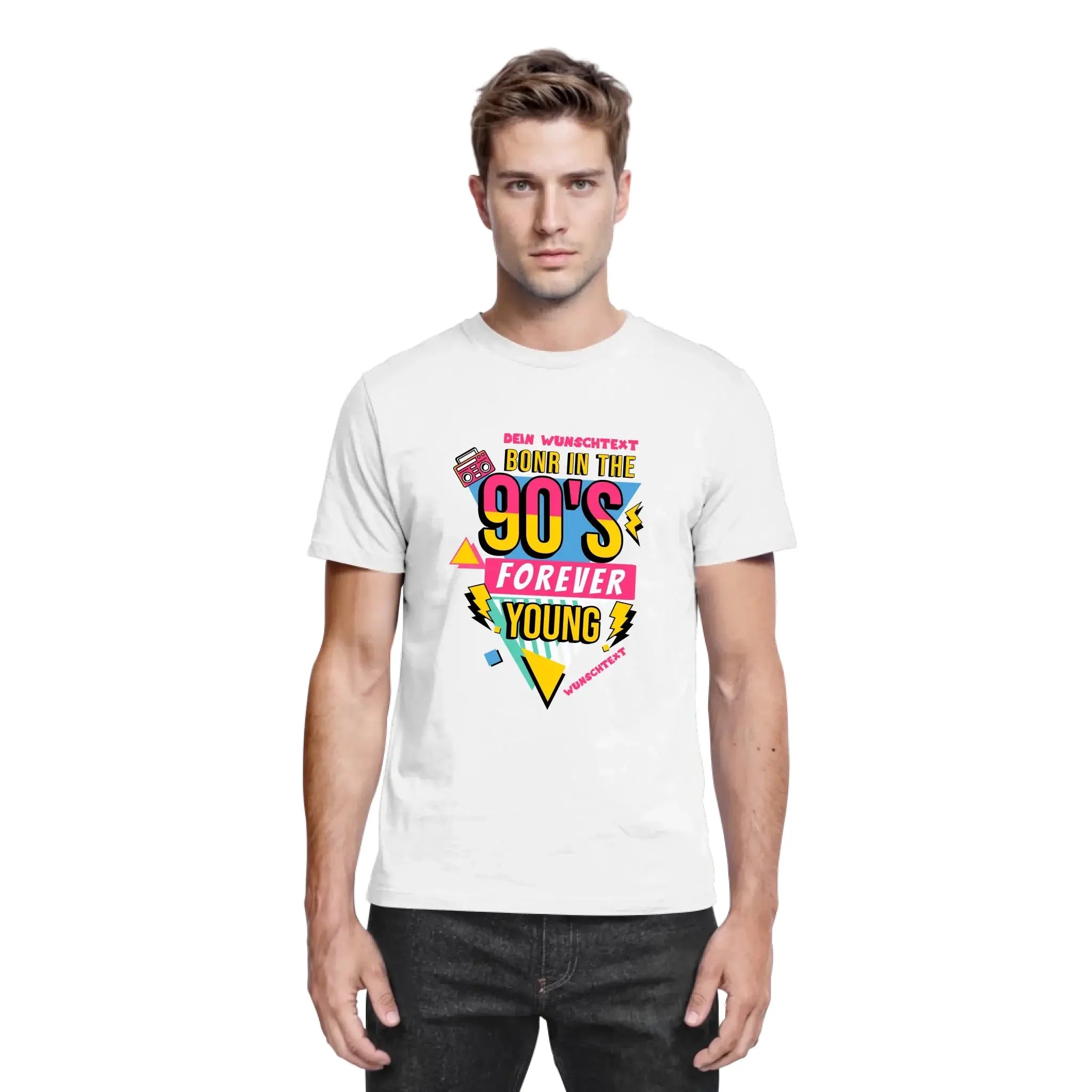 Weiße baumwoll t-shirt mit 90er jahre grafik born in the 90s forever young aus der boombox statement-collection