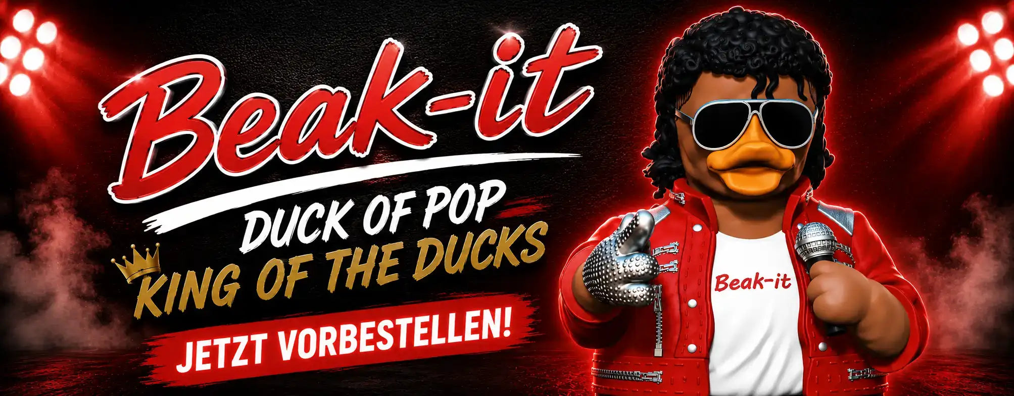 Eine rote und weiße Gummientchen-Figur, verkleidet als Michael Jackson, mit Sonnenbrille und einer Paillettenjacke.