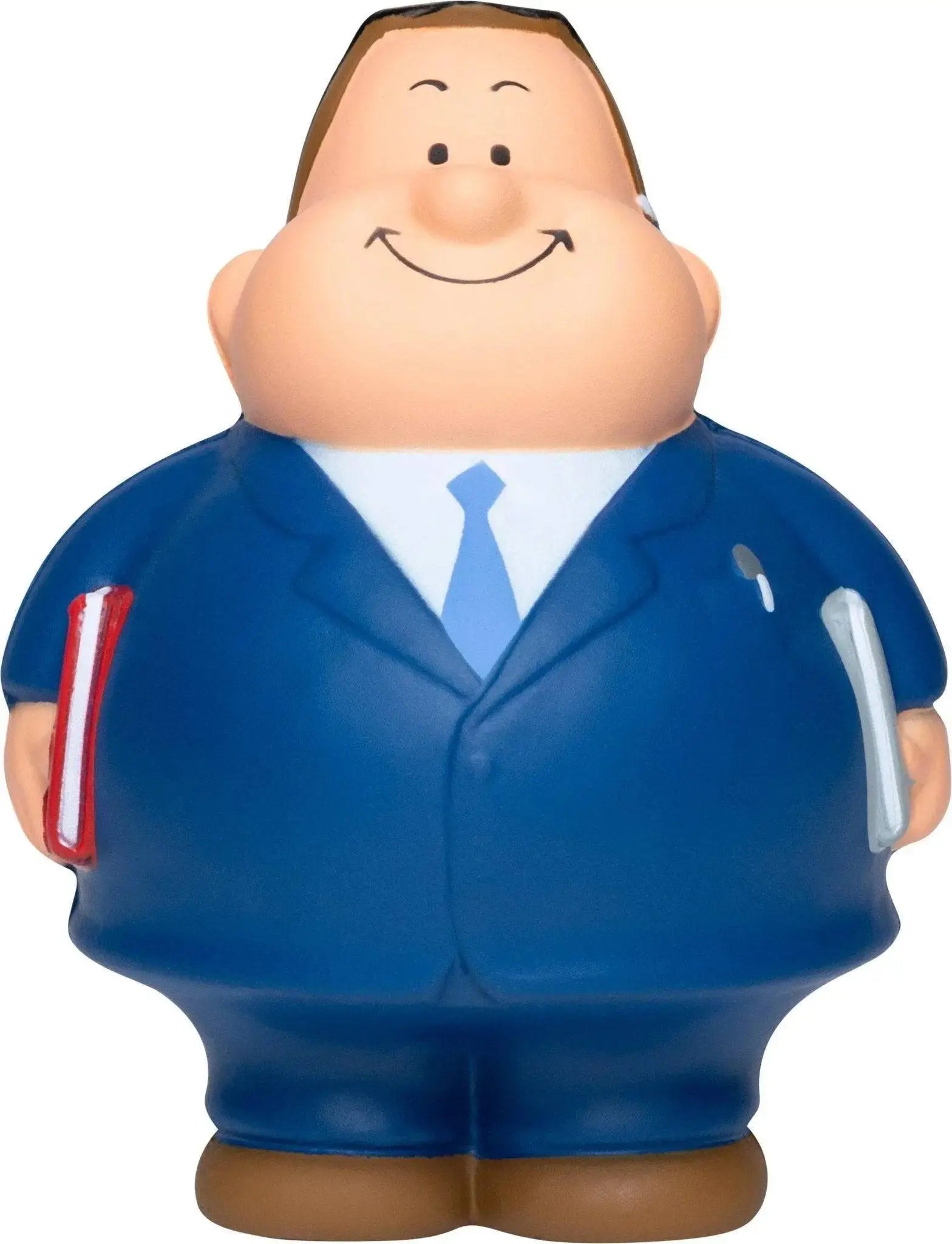 Blaue anti-stress-quetsch-figur berater verkäufer bert mit anzug und hellblauer krawatte aus plastik