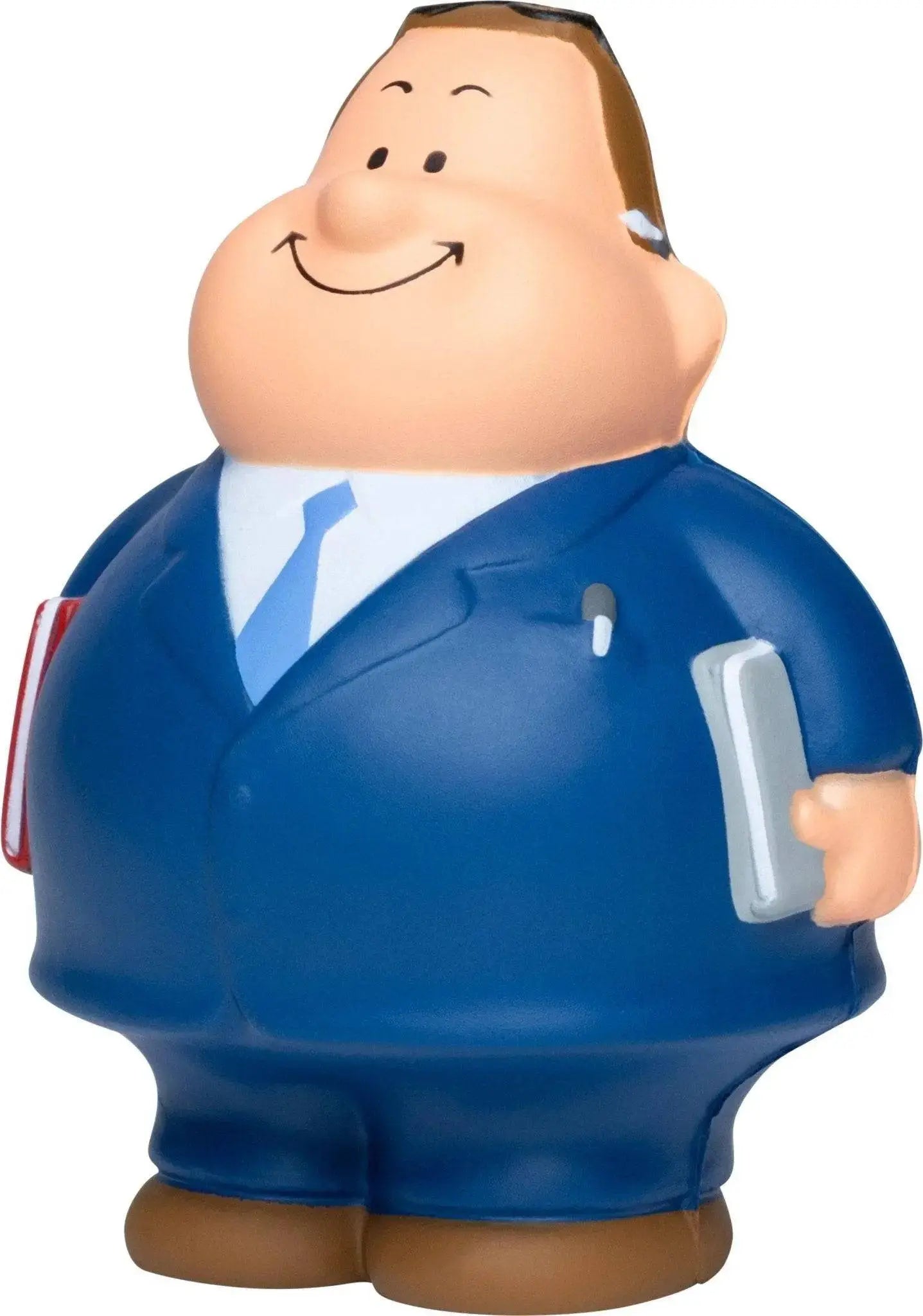 Blaue kunststofffigur berater verkäufer bert anti stress quirlsfigur mit anzug telefon und aktentasche lachen