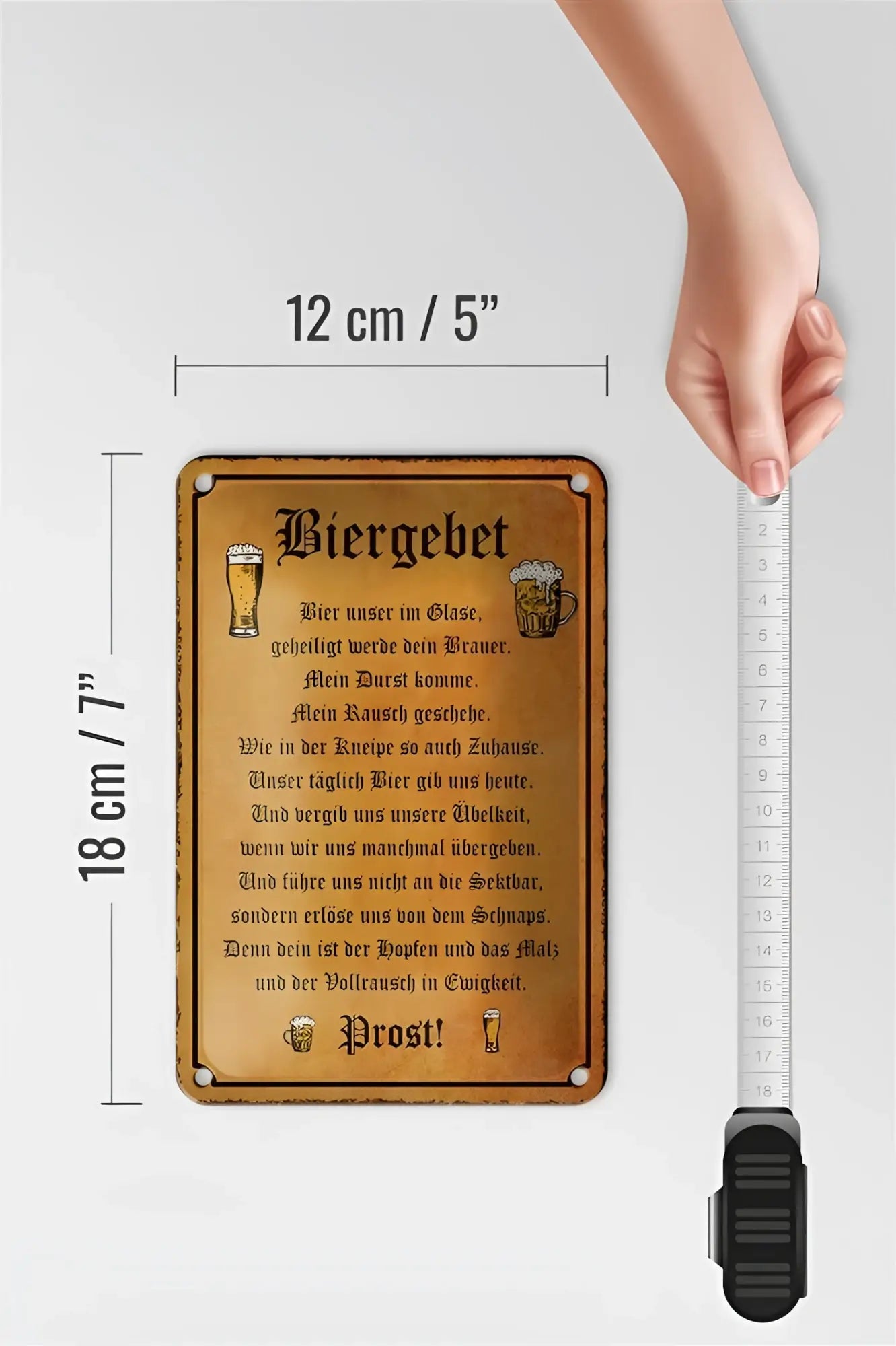Rustikales bronzefarbenes blechschild 12x18cm mit vintage deutschem biergebet und prost motive