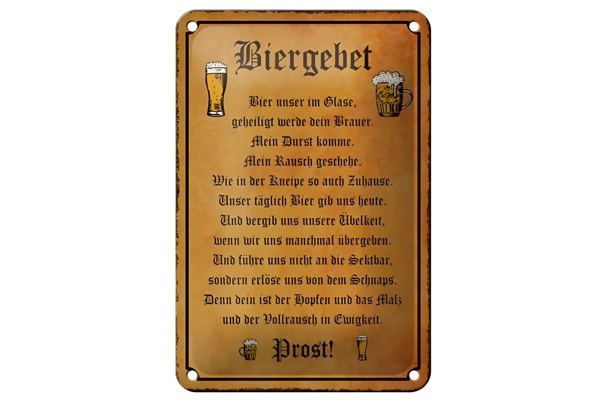 Vintage rechteckiges blechschild bier unser im glase mit rostigem bronze finish und geprägt biergebet text und bierkrüge