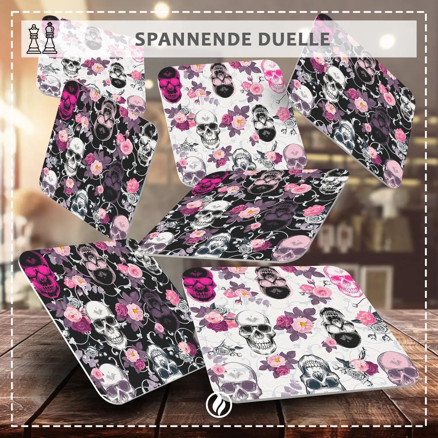 Bierdeckel mit Design Totenkopf - Untersetzer Totenköpfen im Rockabilly Stil - 50 Stück