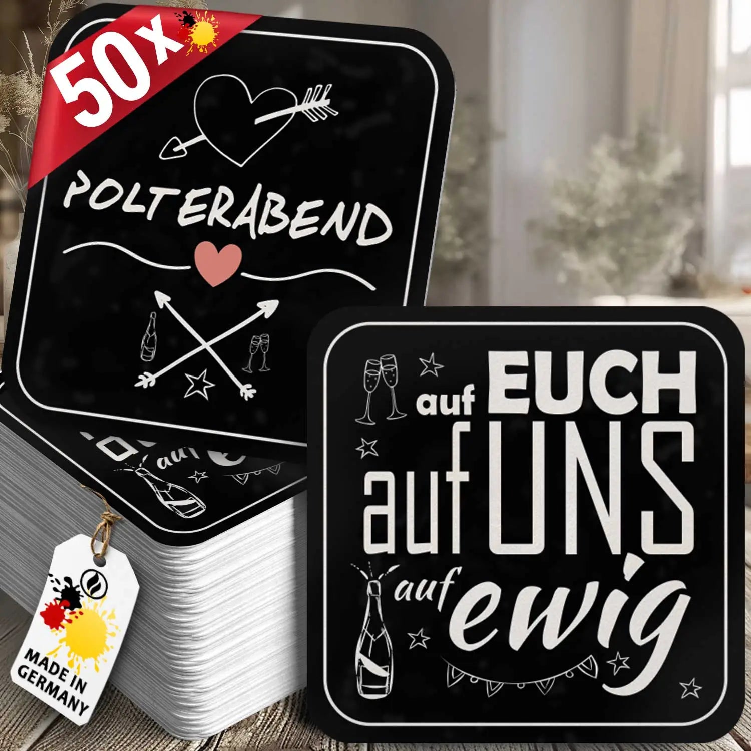 Bierdeckel Polterabend - 50 Stück - Elegante Schwarze Untersetzer mit Herz