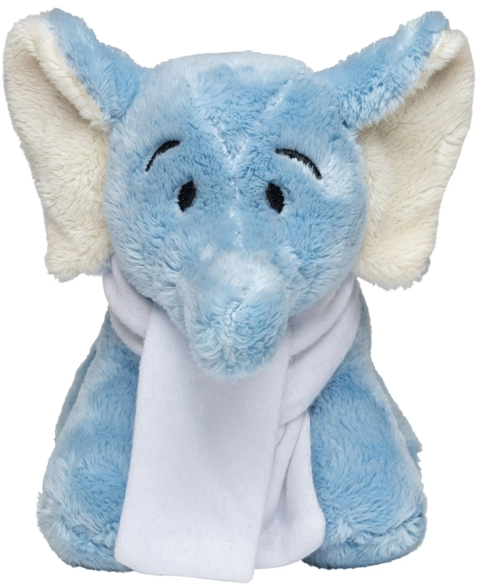 Blauer elefant hannes plüschtier aus weichem stoff in blau mit cremefarbenen ohren und weißem schal